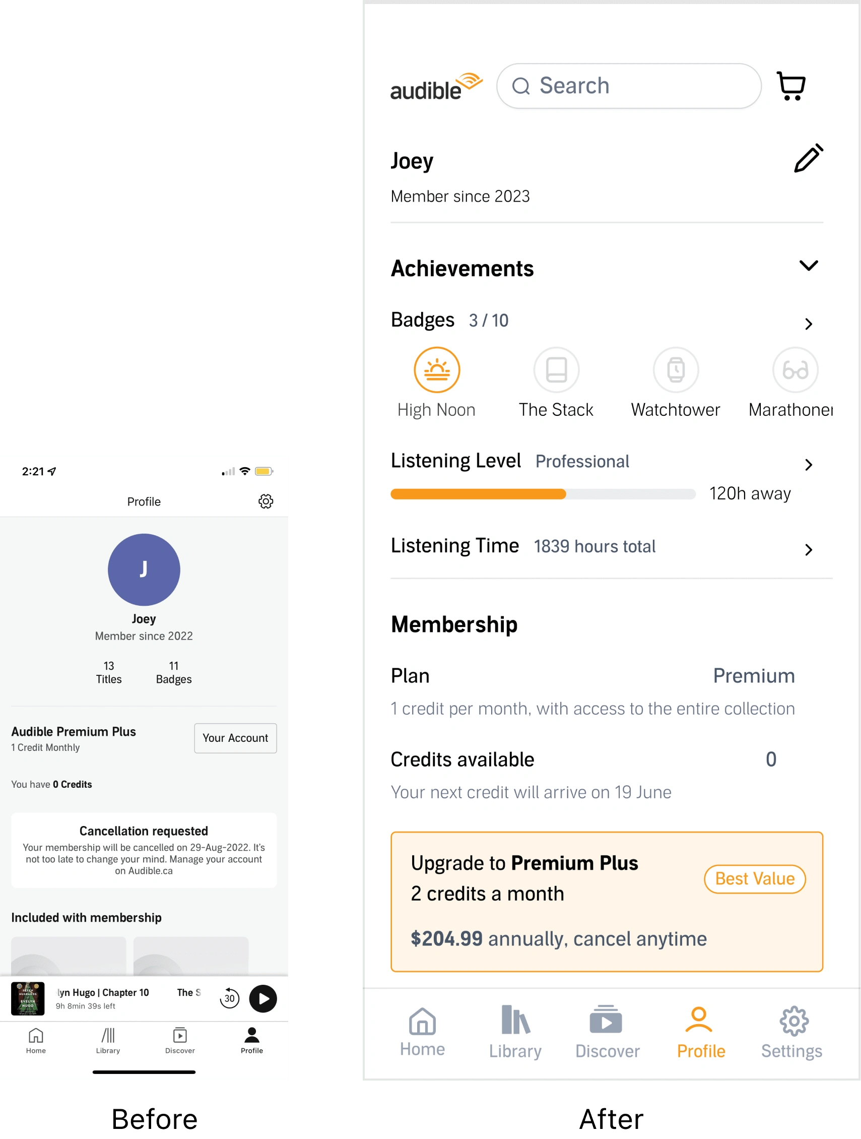 Audible Profile Page: Comparing Original and Proposed Designs