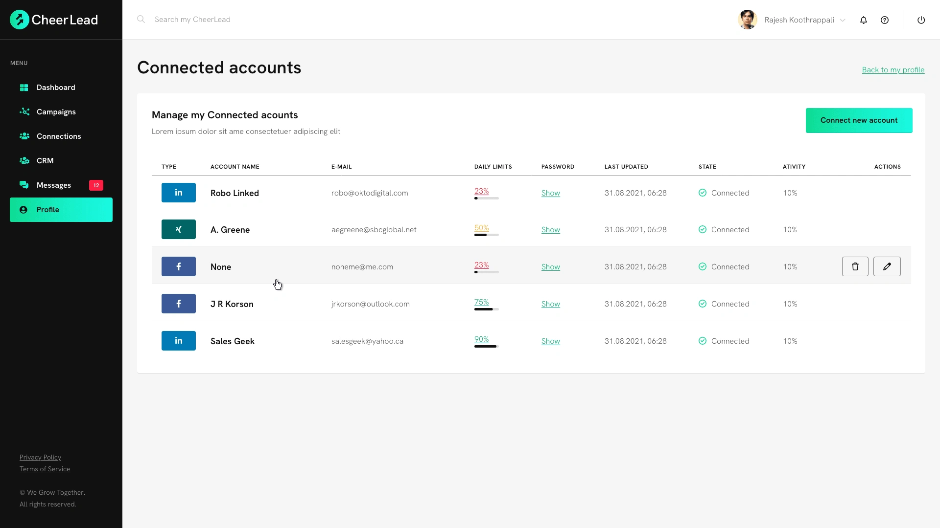 Connected accounts page