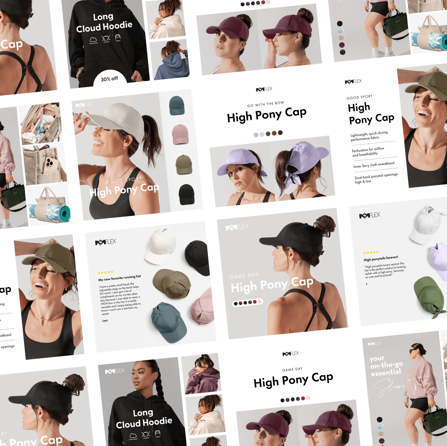 Ad creatives for High Pony Cap, Long Cloud Hoodie, and Sloane Tote.