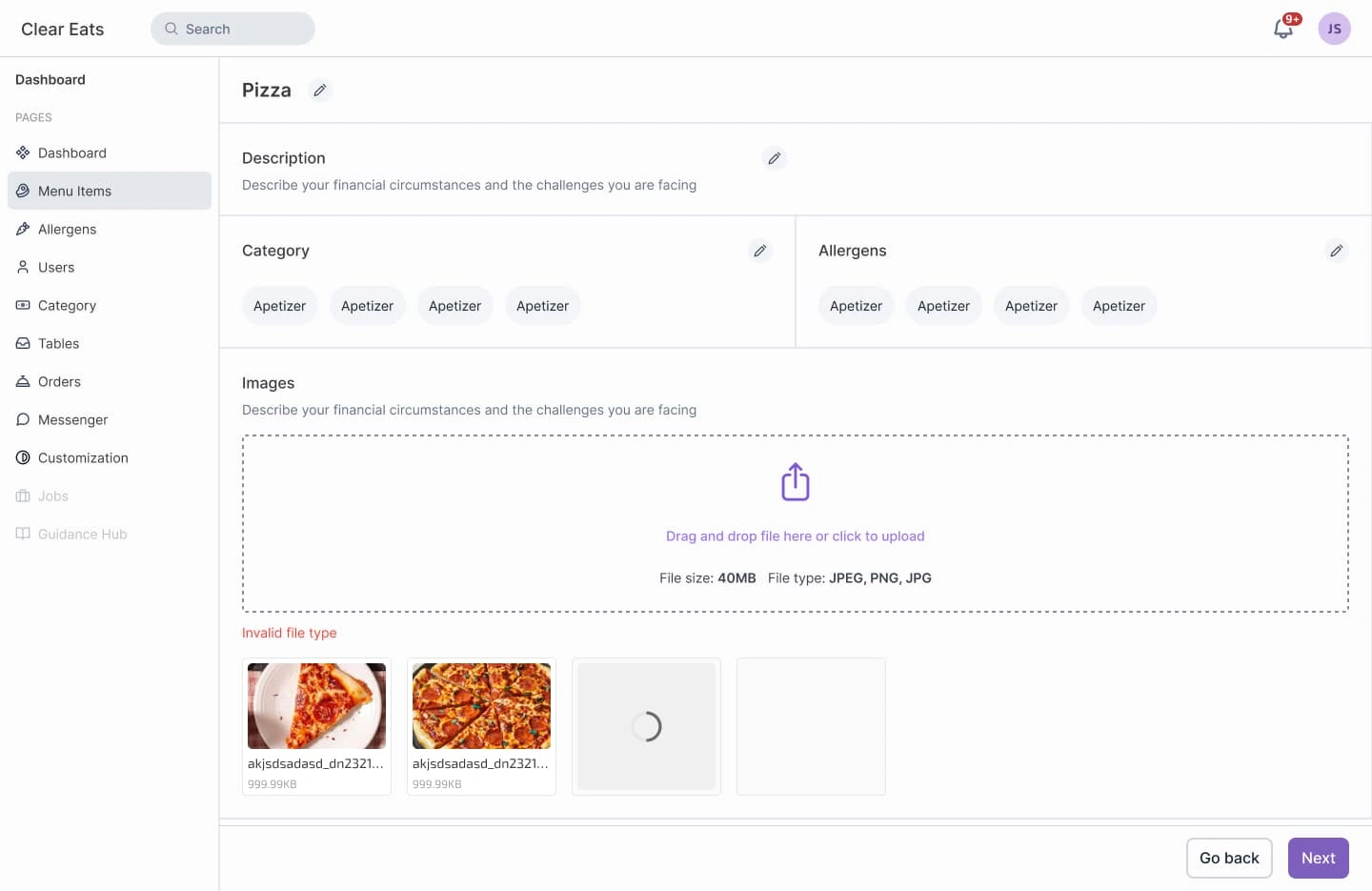 Restaurants specifies which allergens are used in the menu item and which category this menu item belongs to in their digital menu.