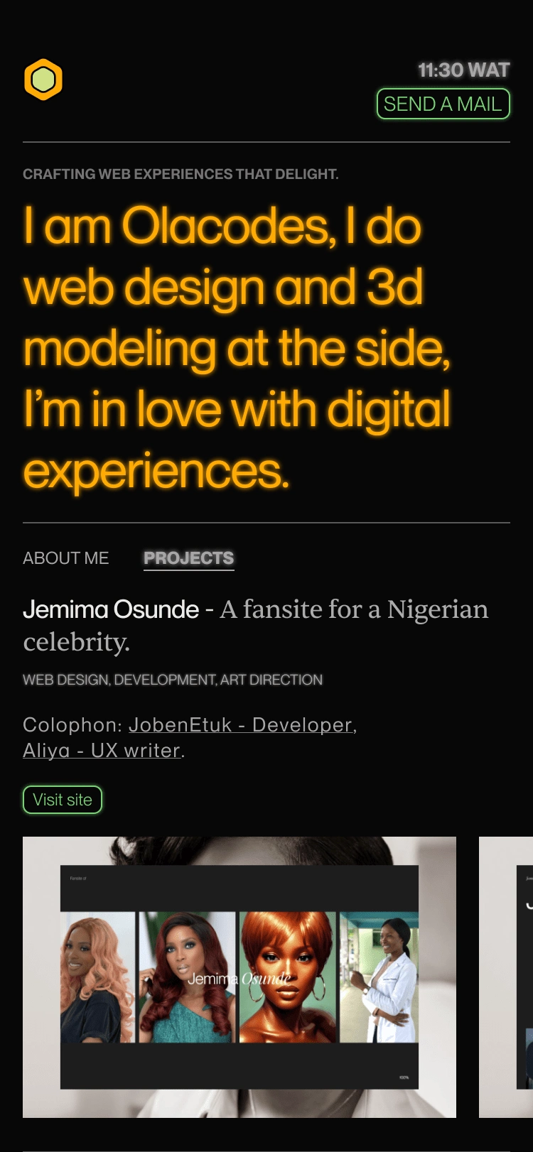 Mobile view of the hero section showing projects