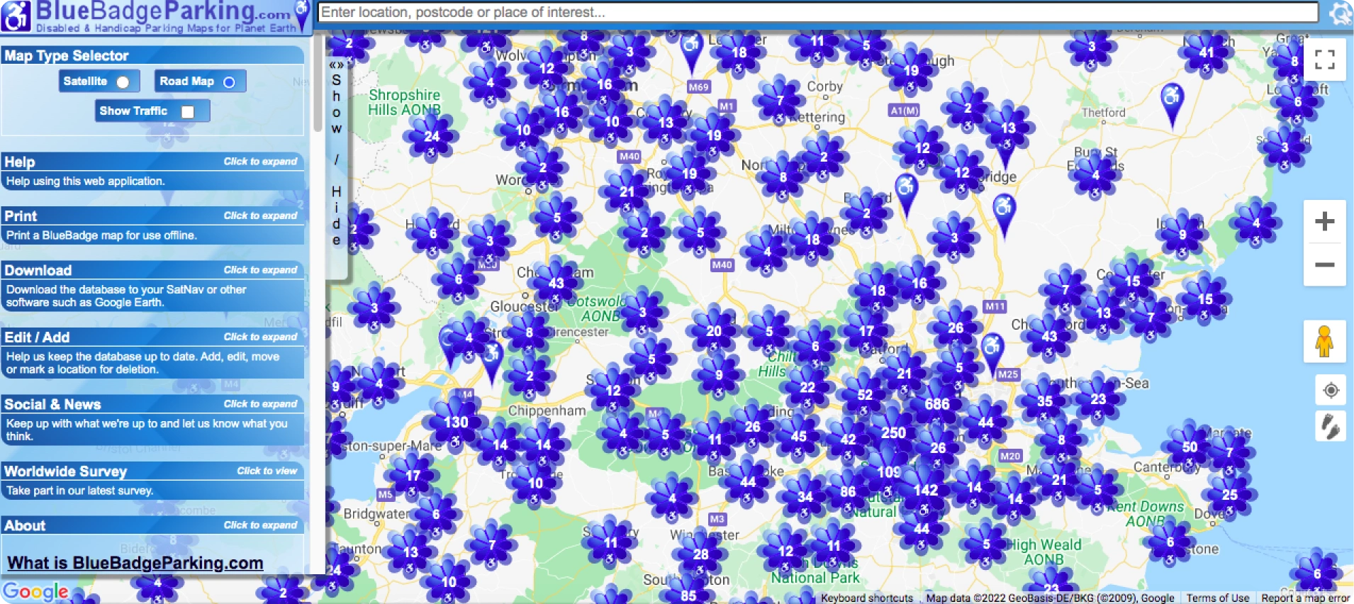 Screenshot of the "Blue Badge Parking" website. (Floral elements represent parking spaces)