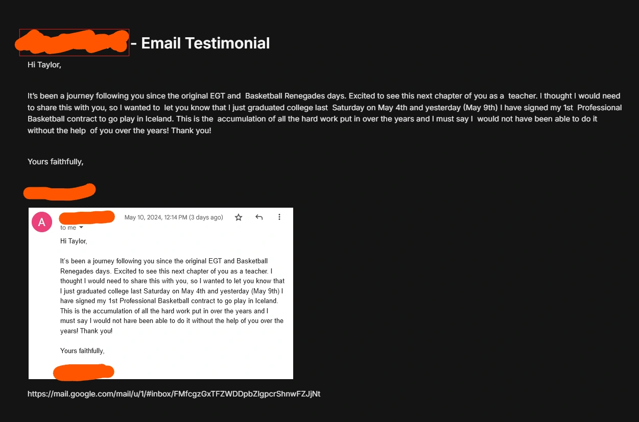 Example of a testimonial collected from email.