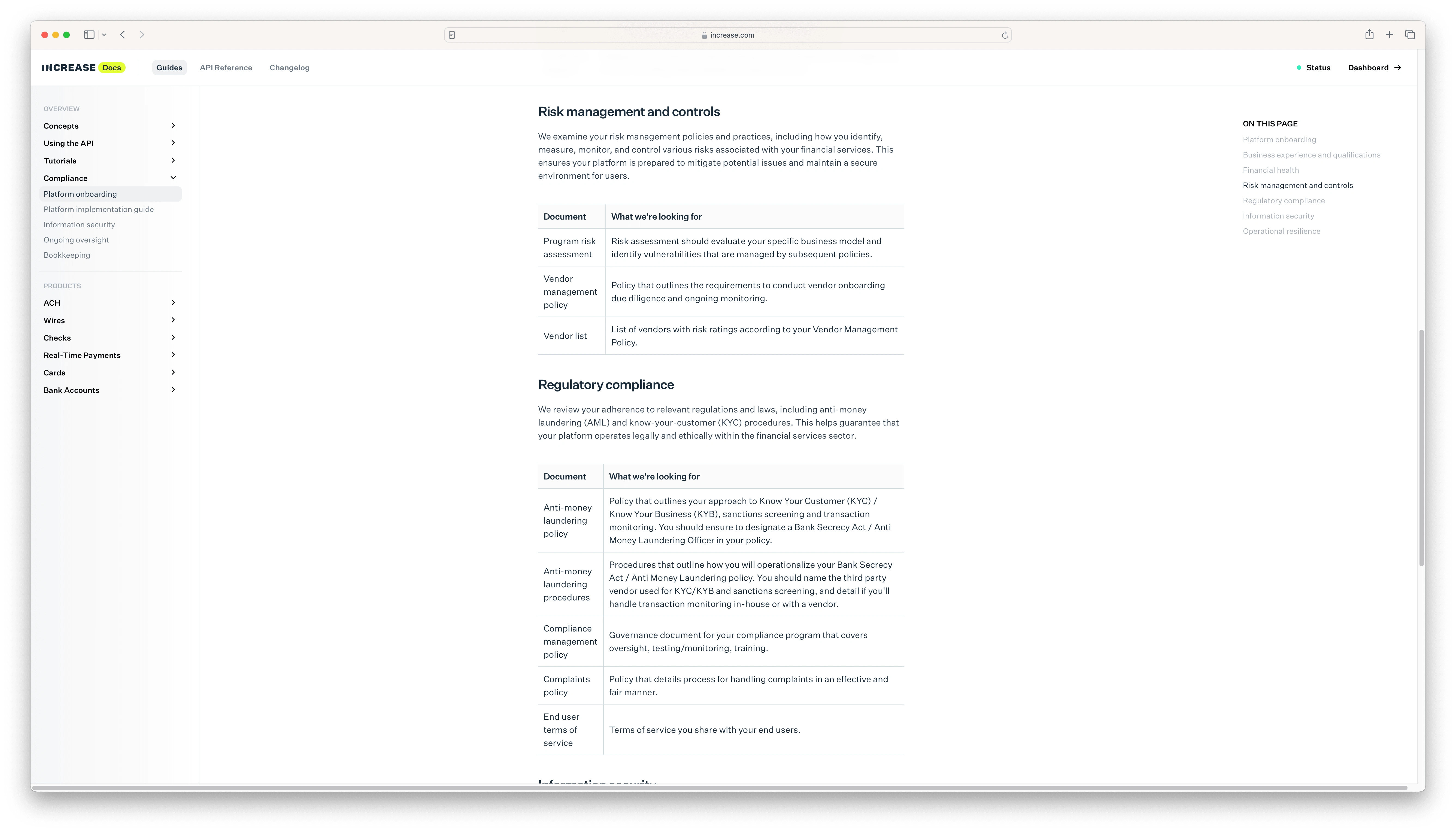 Figure 1.4 Increase Docs: The various sections of the sticky table of contents are bolded as user reaches them while scrolling.