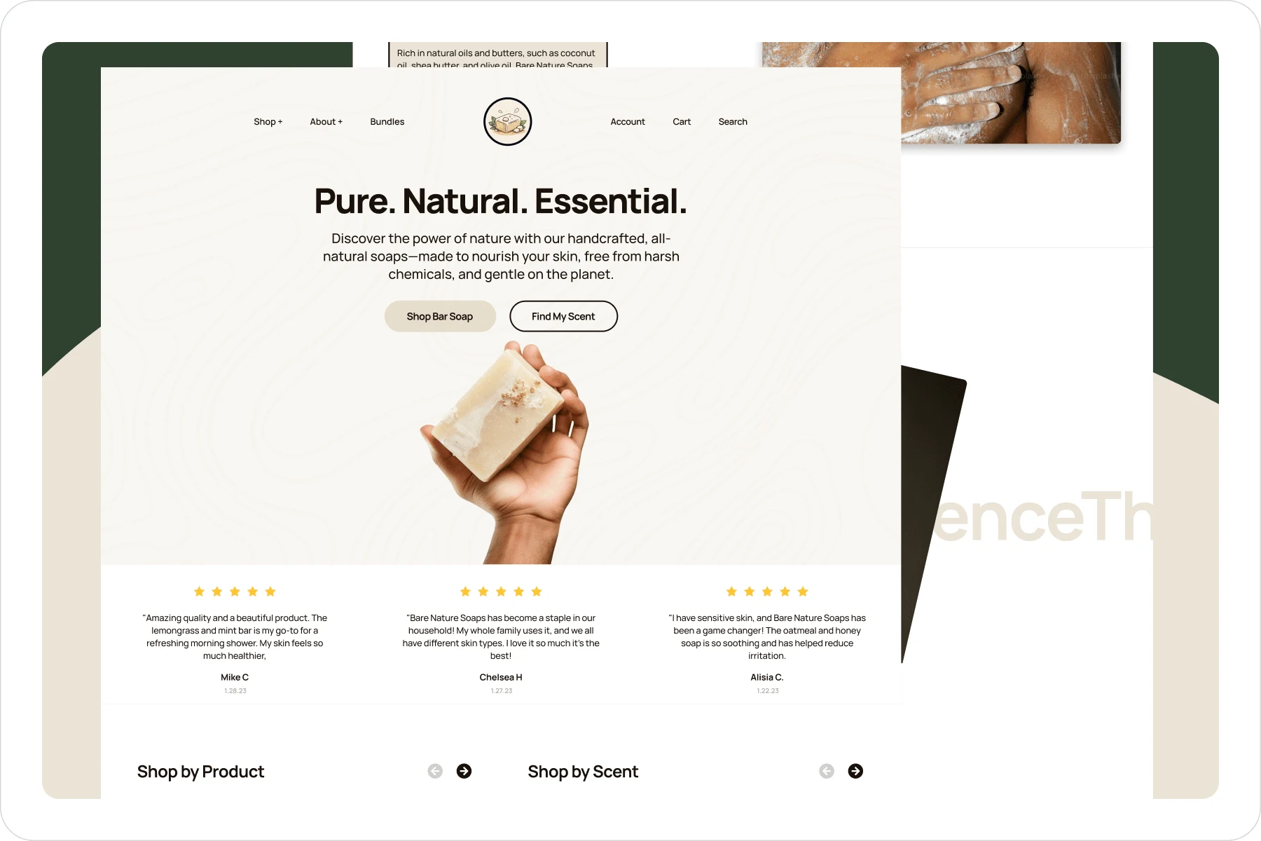 Landing page for an all-natural men's soap site.