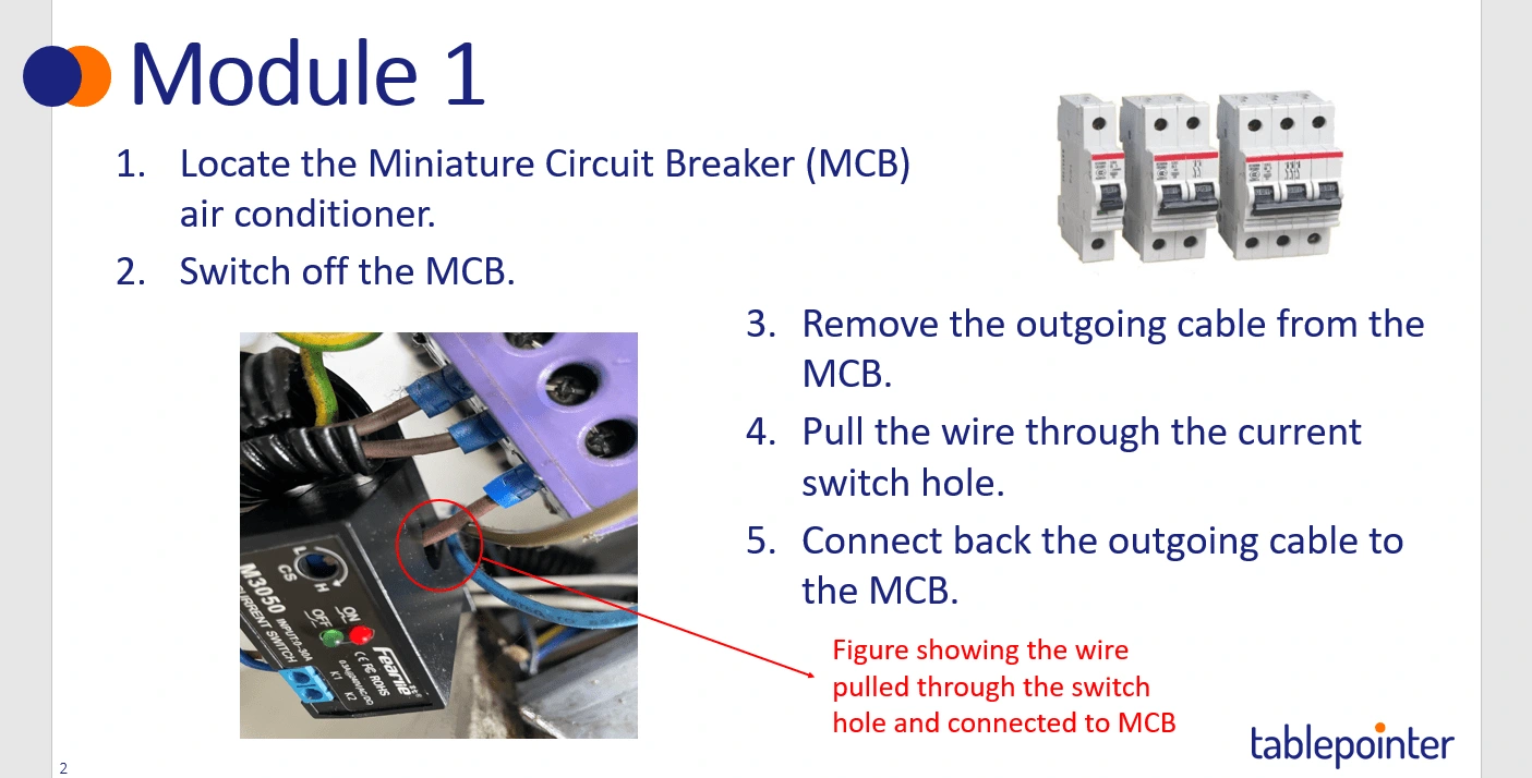 Sneak peek into "Module 1: Installation
of the current switch across the MCB for aircon"