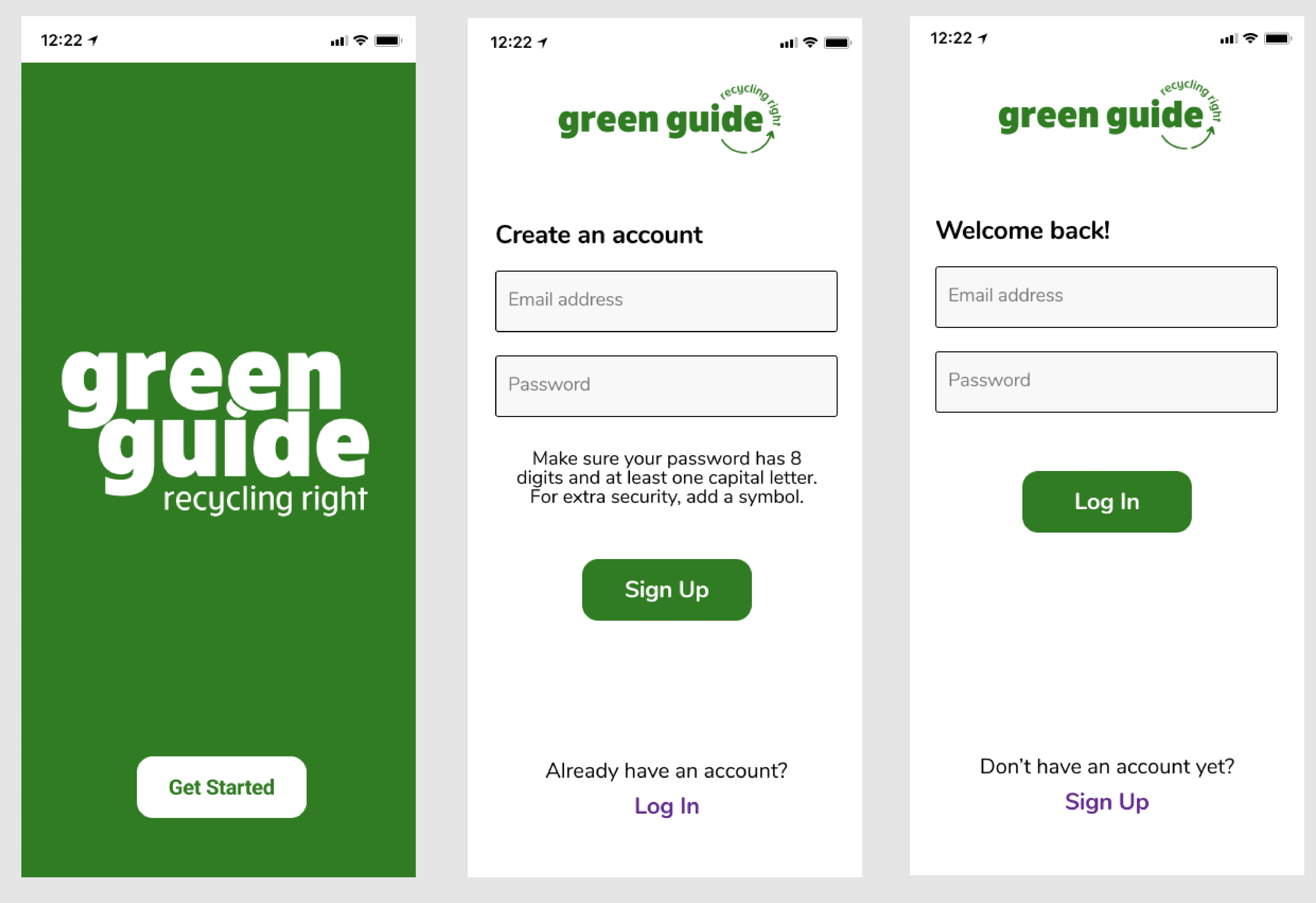 App pages. There is a "Get Started" page, a "Create an account" page, and a "Welcome back!" page.