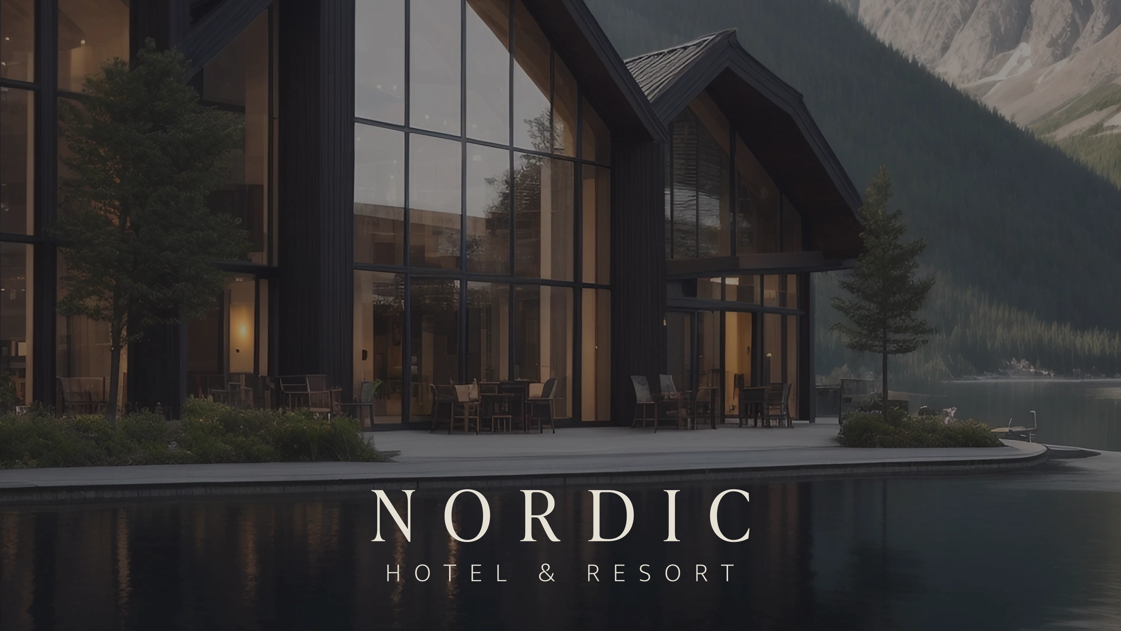 Nordic hotel & resort image with a hotel background with mountains and water background