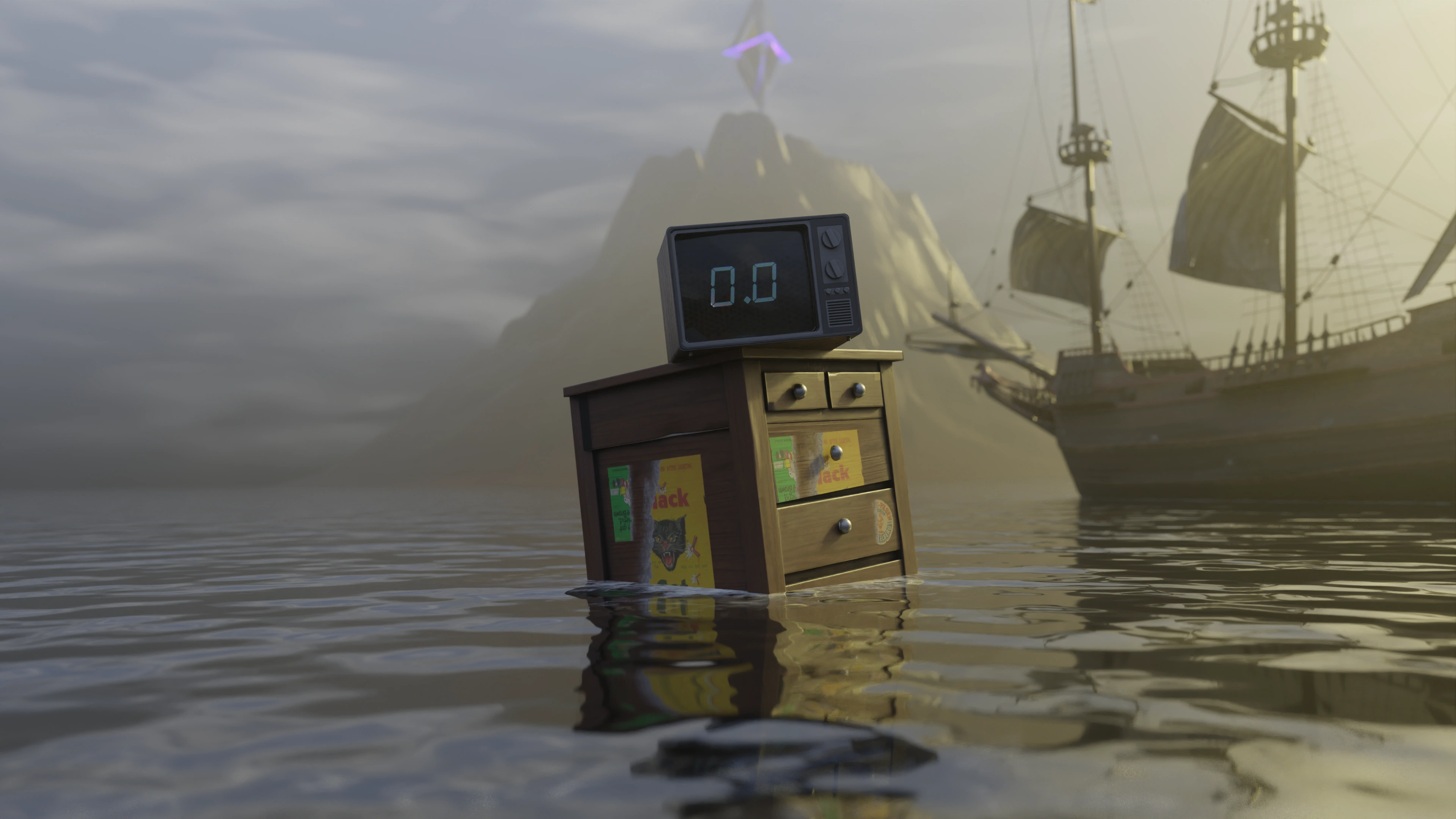 This is the countdown render for PROSIO kick streamer. The ship whic is behind was free model. I modelled desk , TV, and the countdown and mountain and ocean.