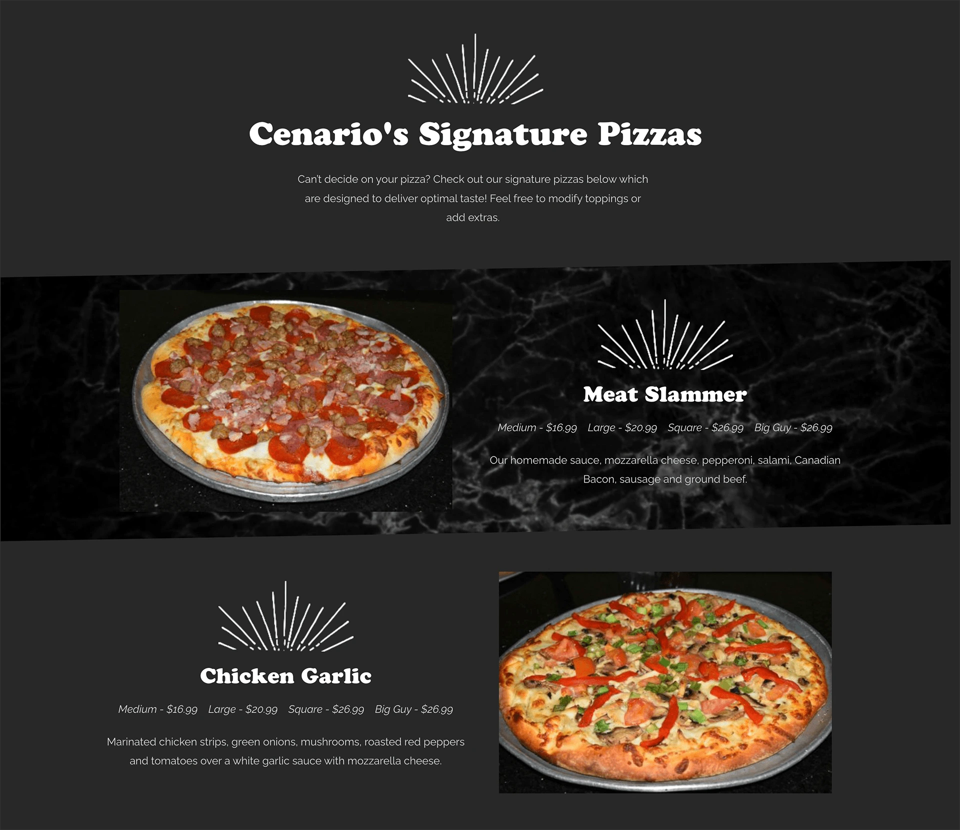 BEFORE: Cenario's Pizza's unoptimized specialty pizza menu from their old website