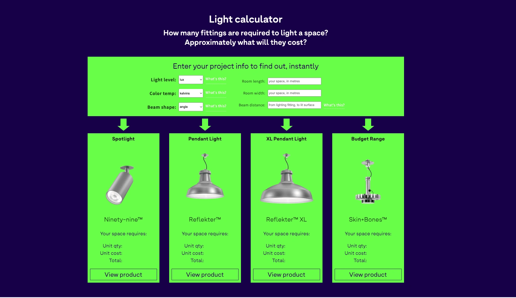 Calculator allows dynamic calculation of the required level of lights based on user input