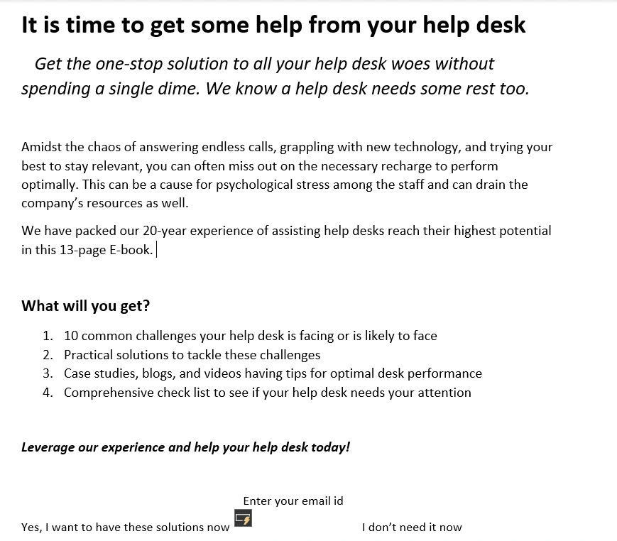 Landing page for a help desk service