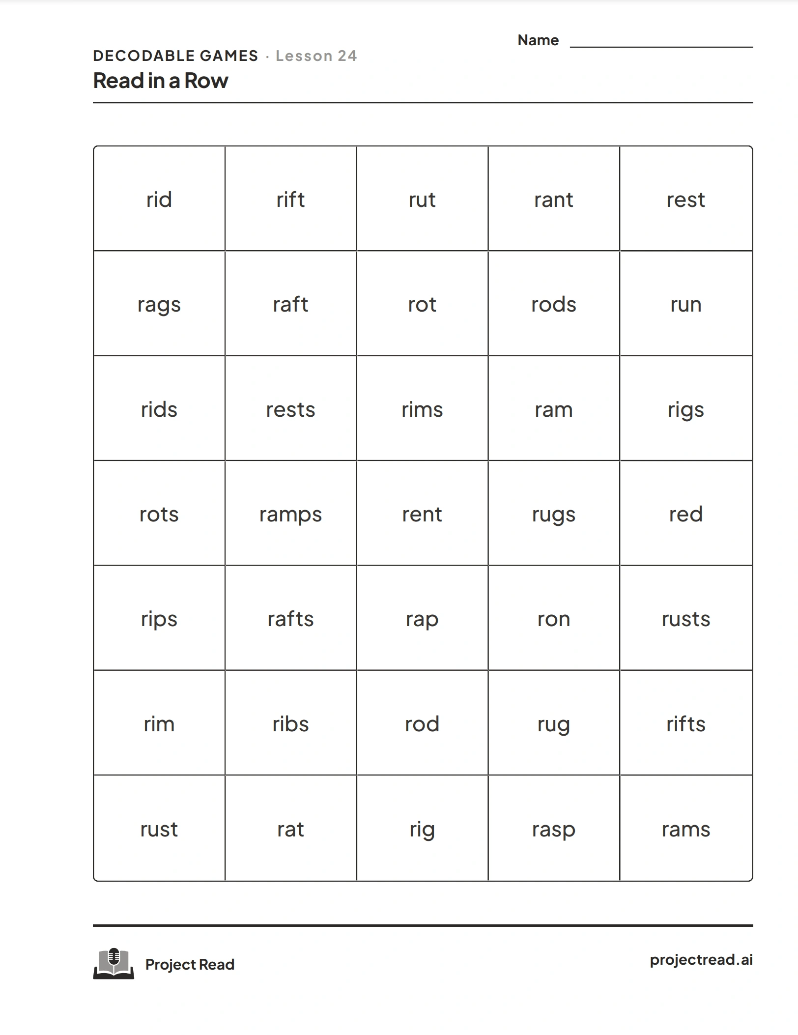 Downloaded pdf of a generated read in a row game using the decodable game generator.