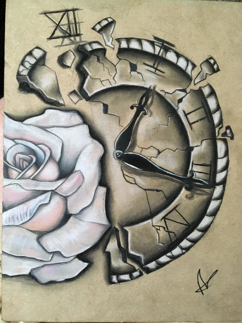 An illustration using wood and colored pencils depicting how true beauty is not afflicted by the curse of  time.