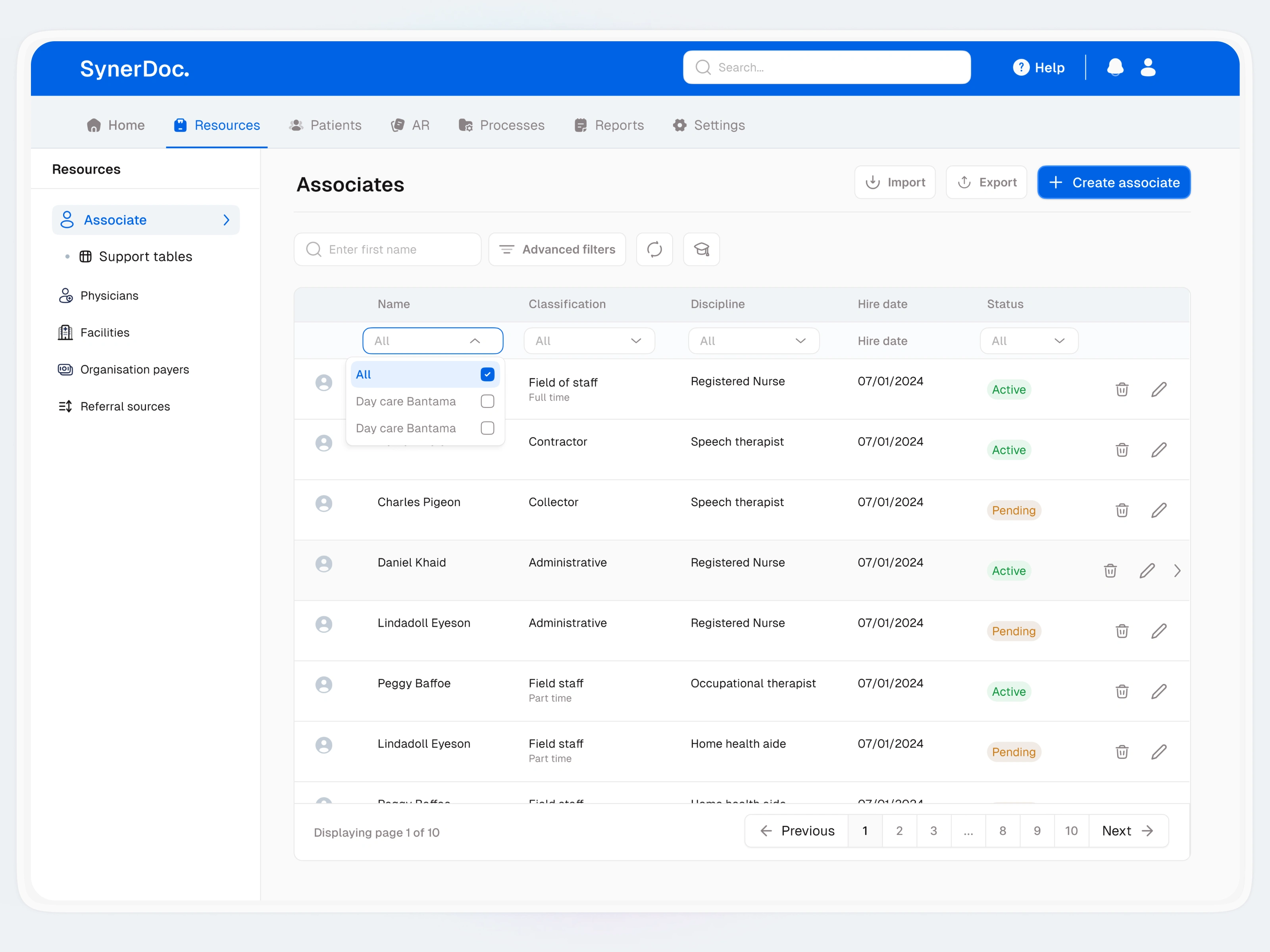 Associate table, manage all associates on the platform.