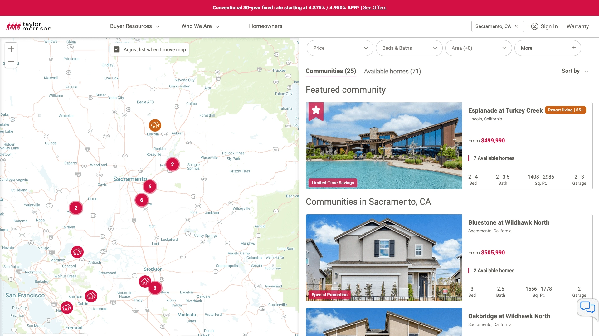 Showing custom Google Maps component integrated with search results and home data card displays on the right.  Zooming and clicking on map pins will adjust cards shown and scroll them into view.