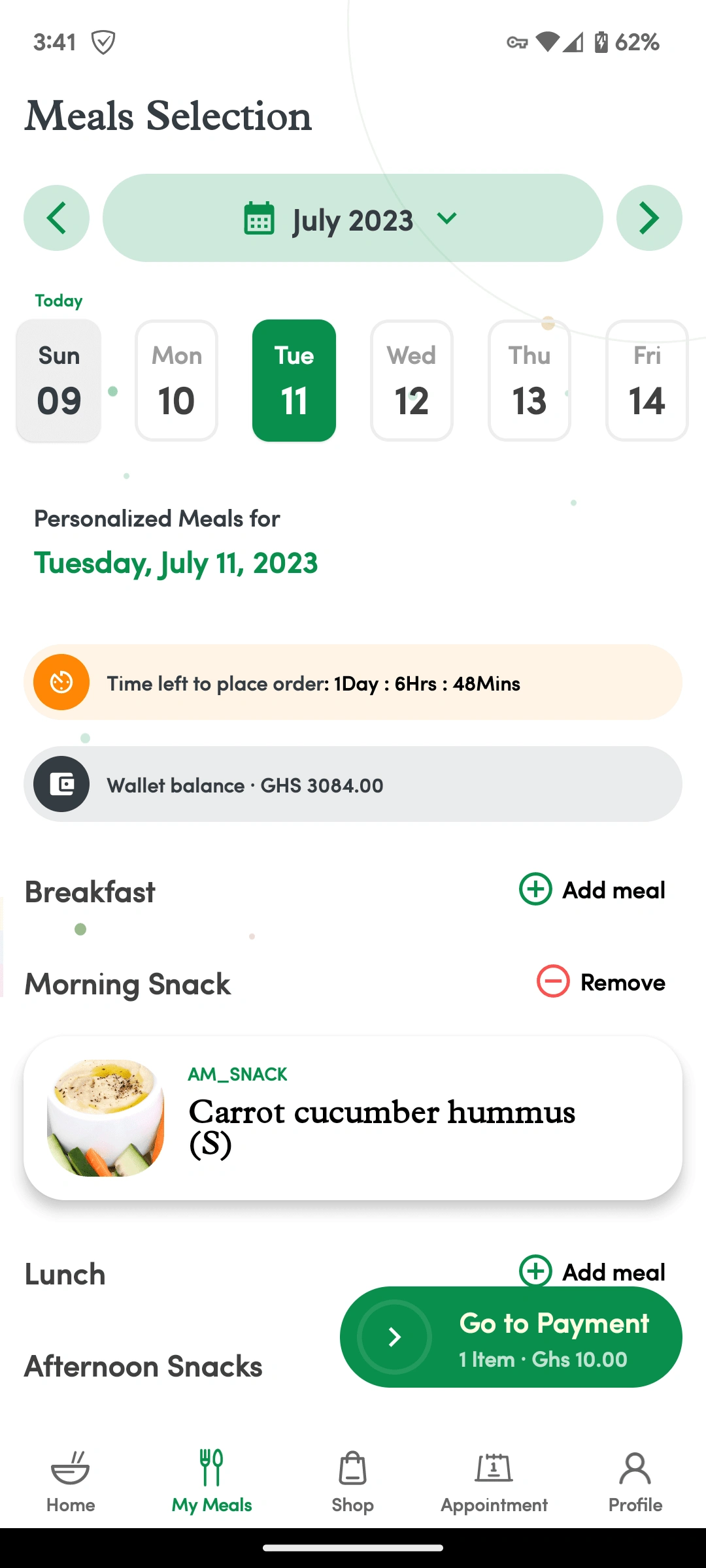 Meal Plan Selection