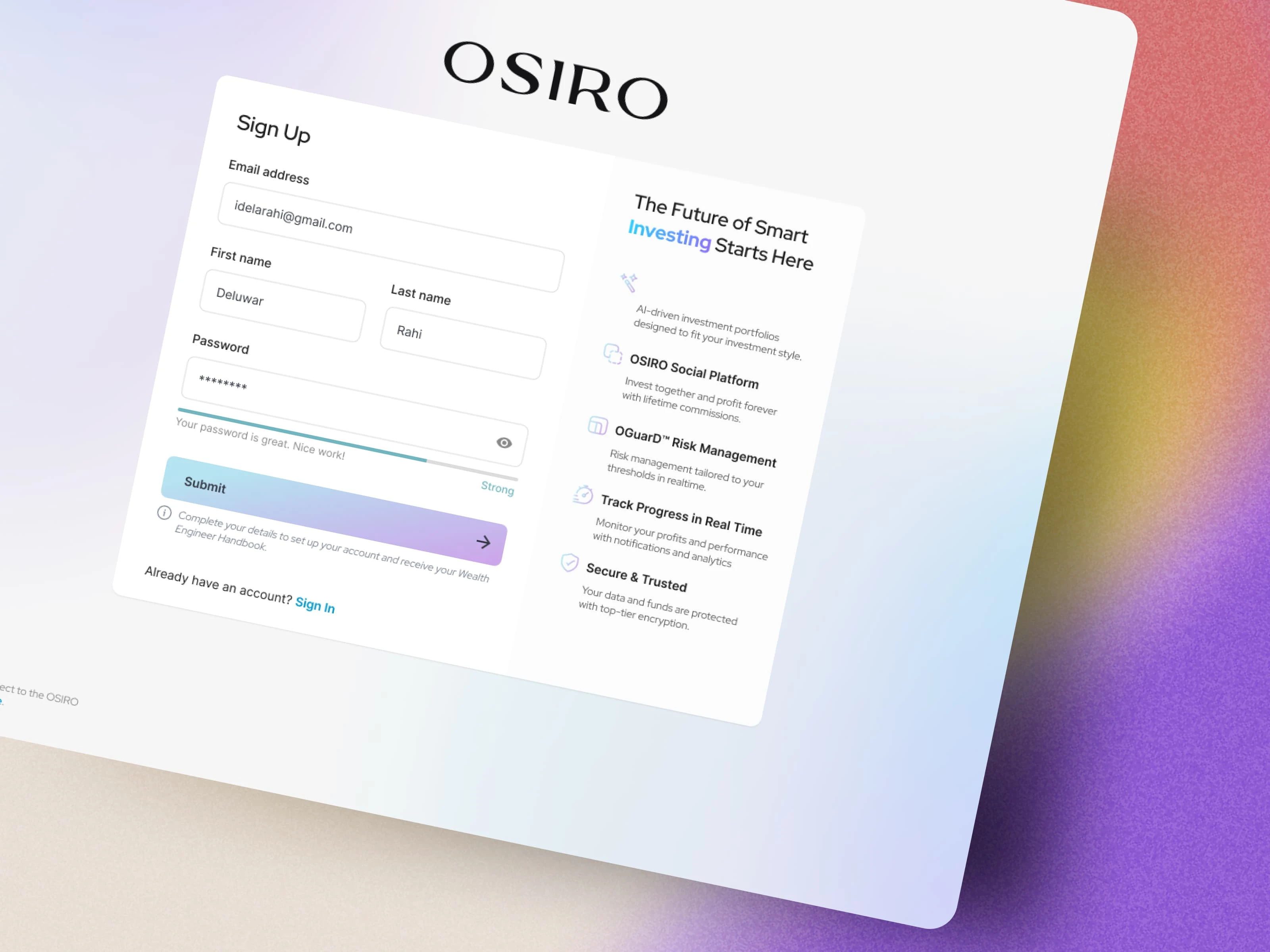 Pre-Sign-Up Form:The journey begins with a sleek and engaging pre-sign-up landing page, featuring a user-friendly form to capture early adopters. This page introduces OSIRO’s key benefits, encouraging users to get on board early and unlock exclusive access.