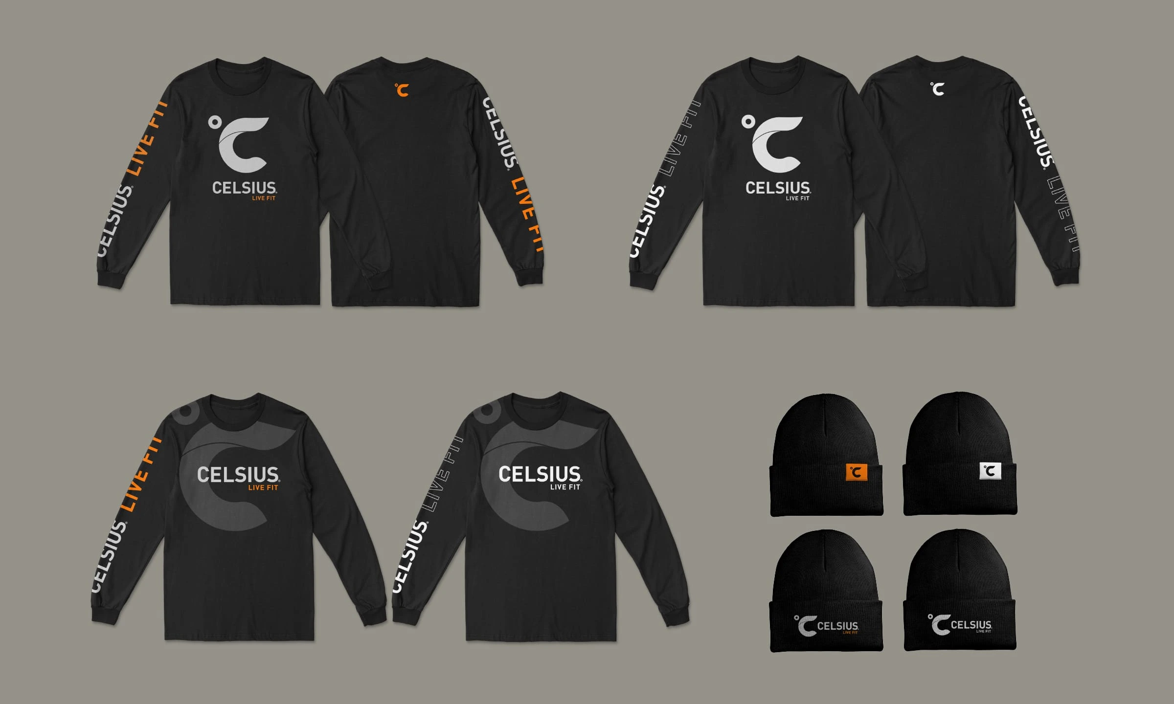 Celsius long-sleeve shirts and beanies combining functional design with standout branding elements, ideal for fitness enthusiasts and streetwear fans.