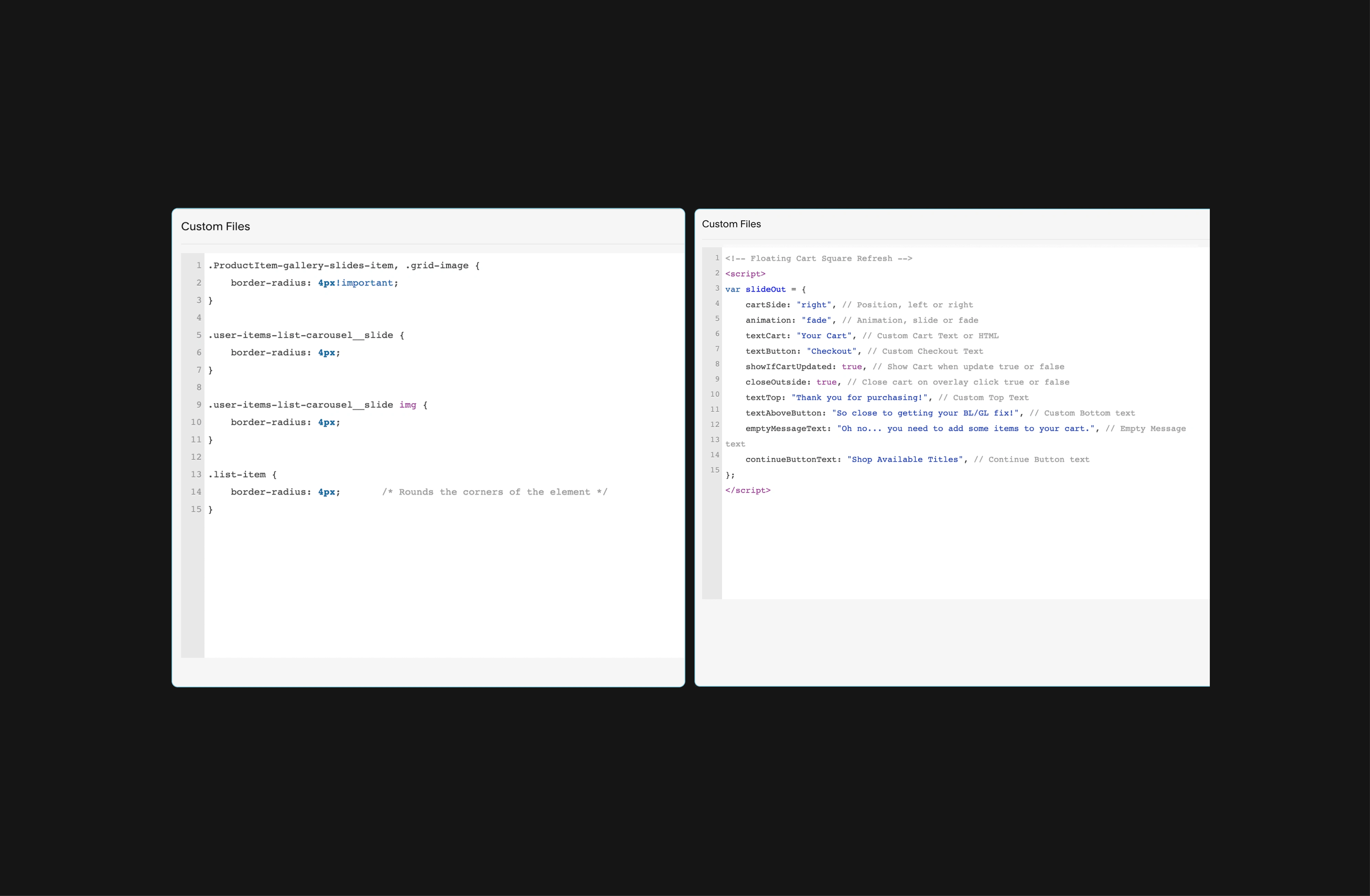 A snippet of custom CSS content