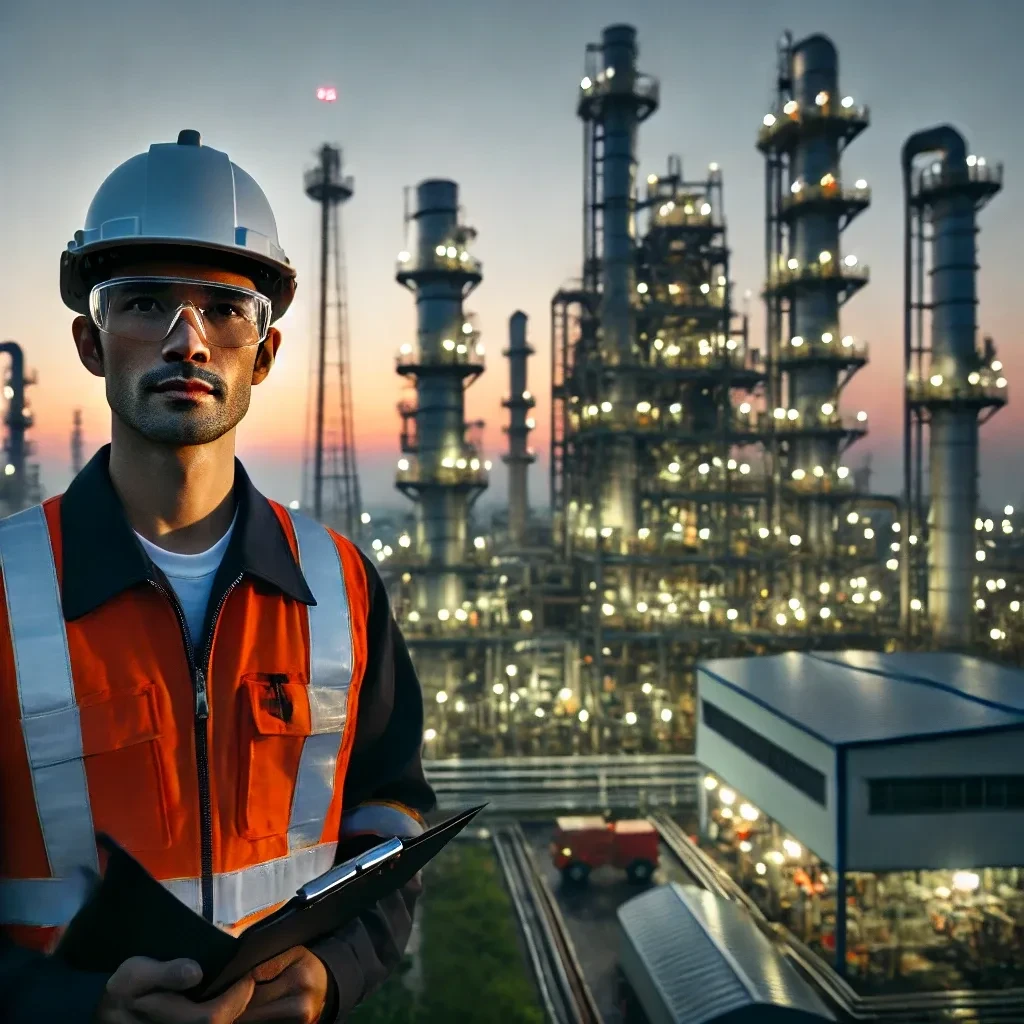 Chemical engineer overlooking a plant at dawn, made with ChatGPT