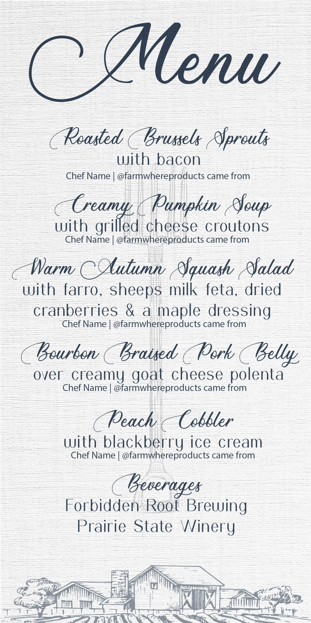 Mock-up menu for a farm-to-table fundraiser event.