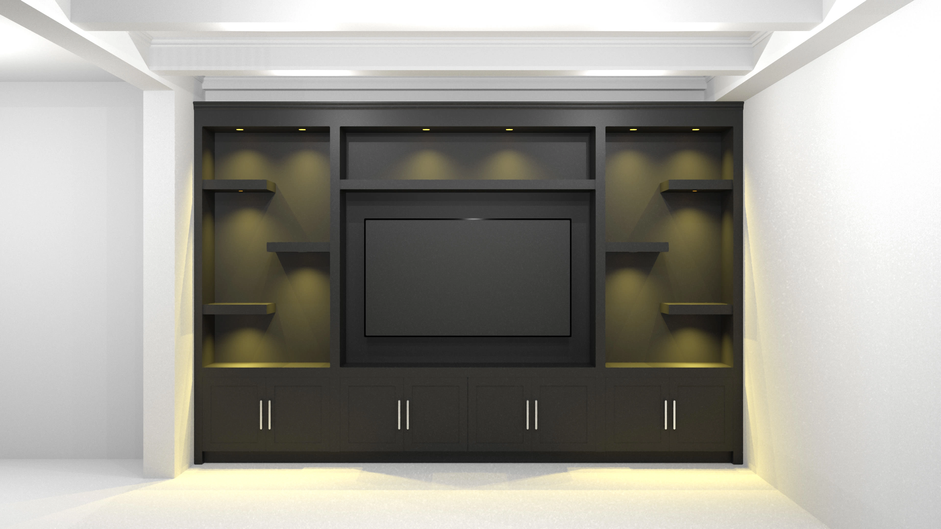 This T.V. unit was designed per the customer's instructions and it has been rendered following the lighting temperature color selected by the client.