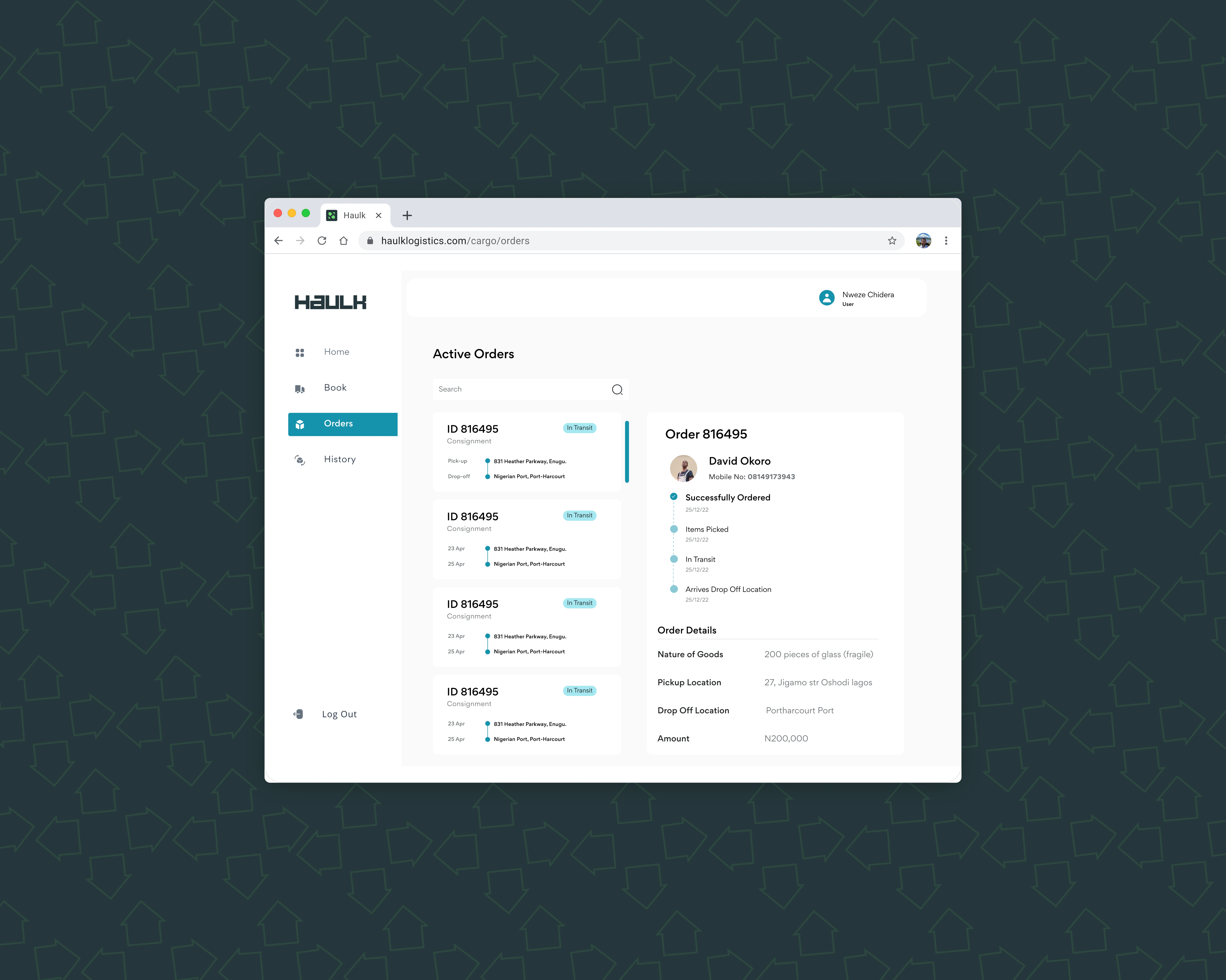 Cargo Owner dashboard showing ongoing orders and order details and tracking