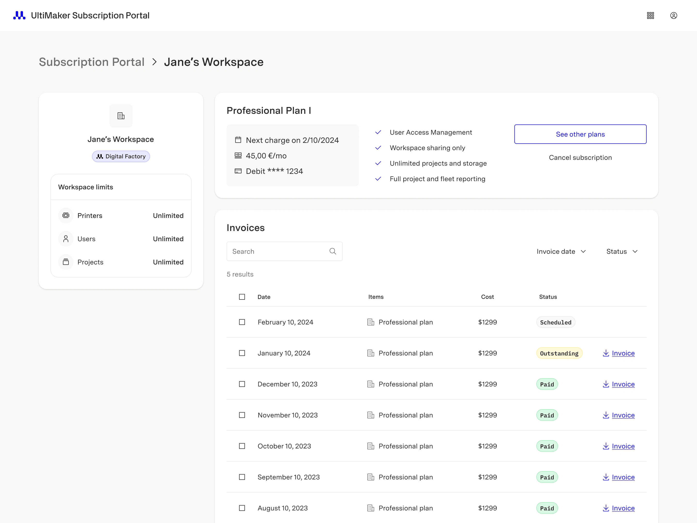 Subscription Management Page