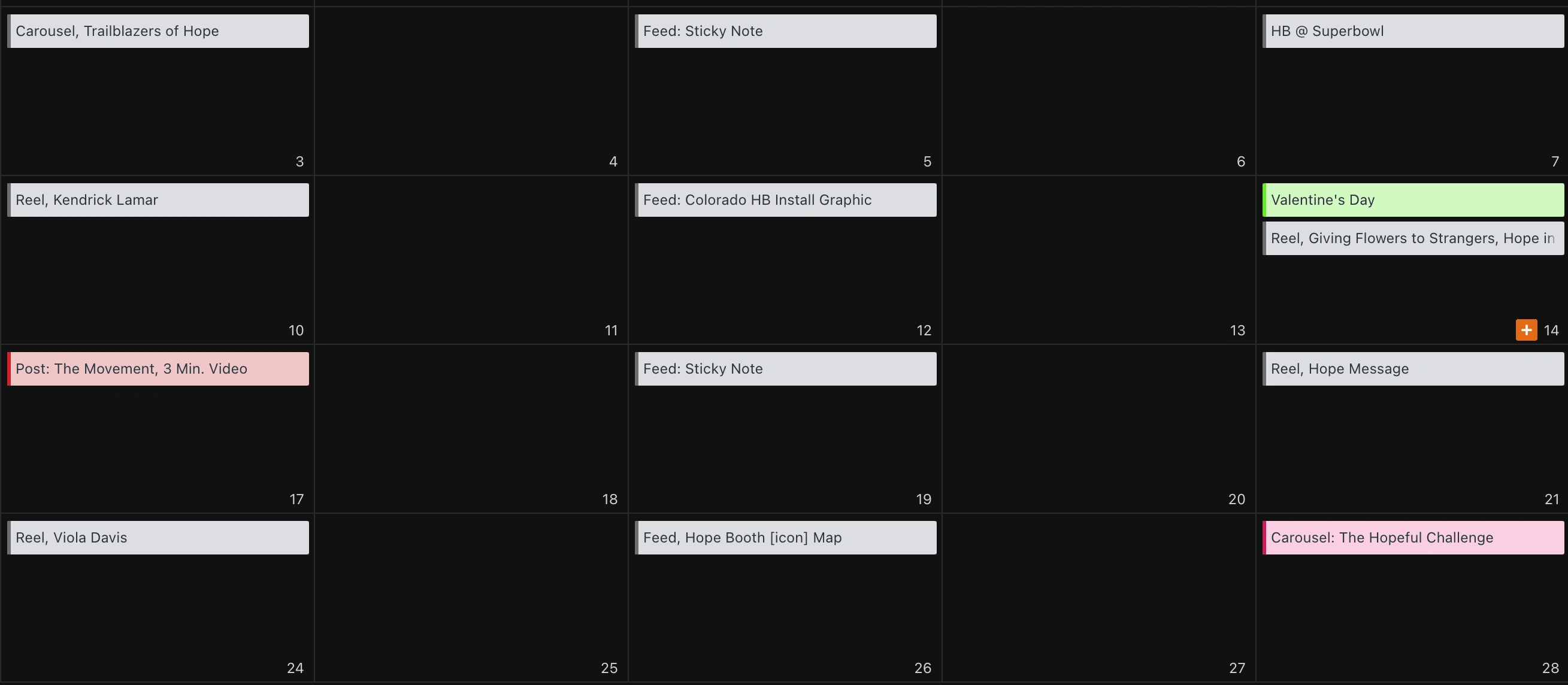 the content calendar i primarily ideated the content ideas for on a monthly bases then our team would project manage from there. 