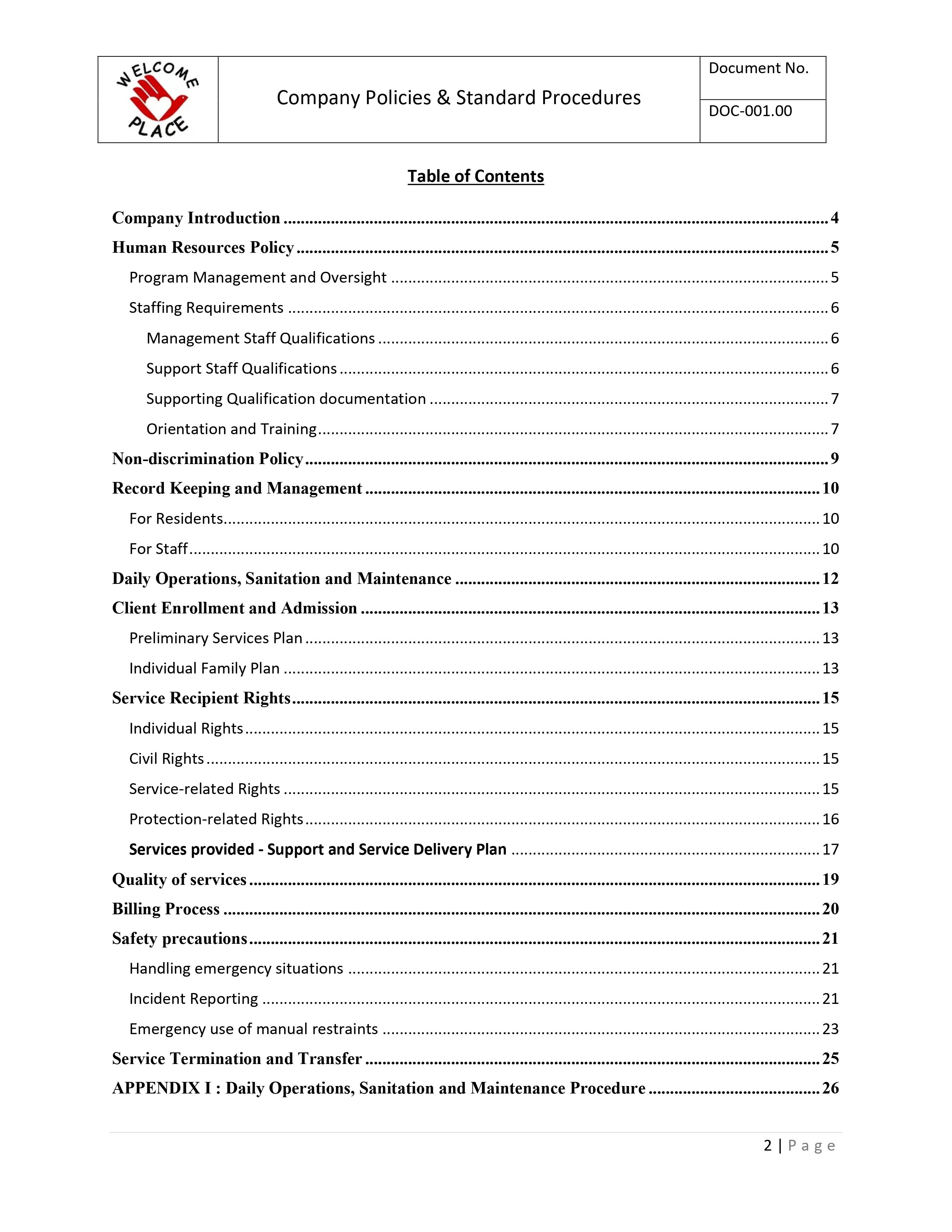 Sneak peek into the "Company Policies & Standard Procedures" for The Welcome Place