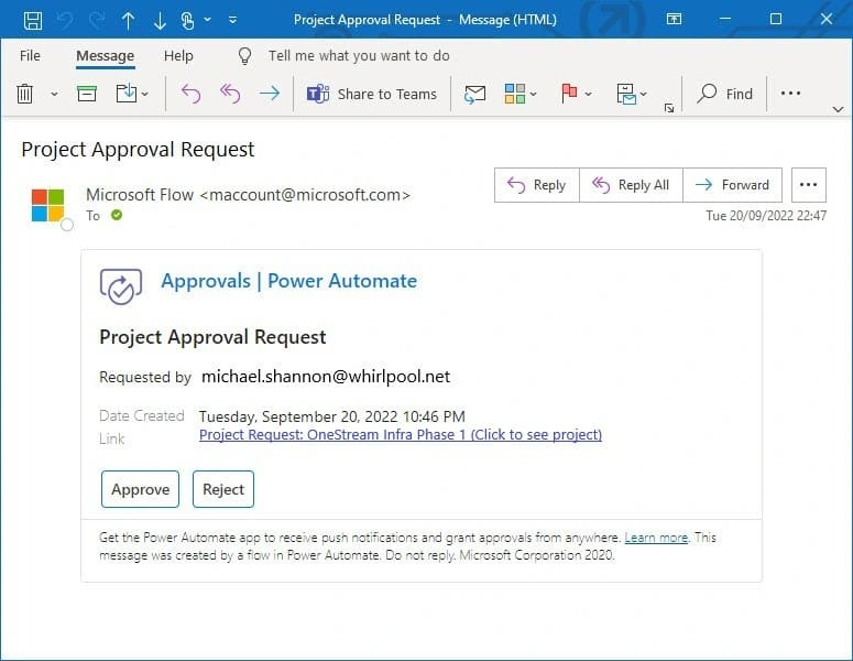 Project approval request sent via Outlook