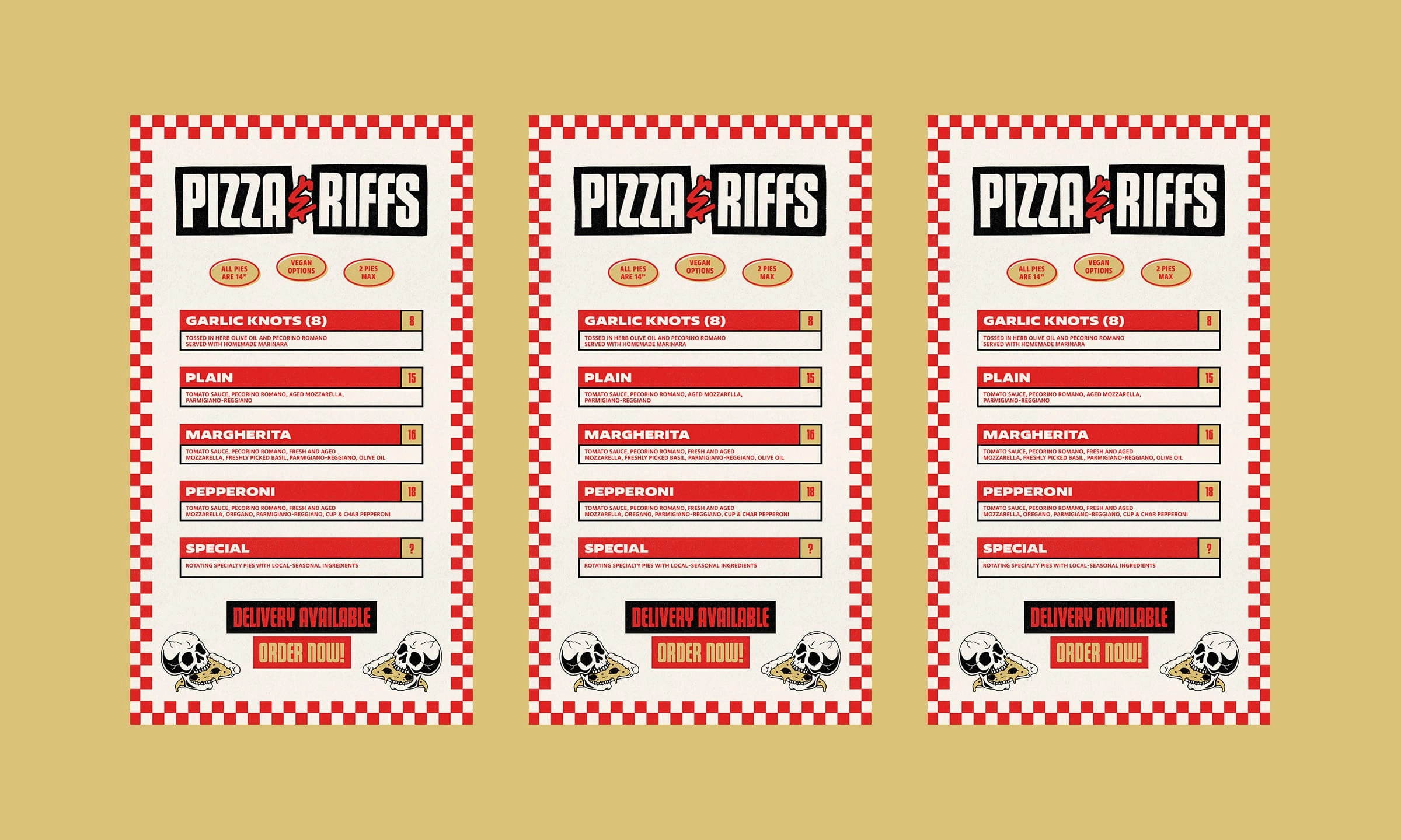 A vintage-inspired menu layout with bold typography and red checkered accents, blending nostalgia with punk aesthetics.