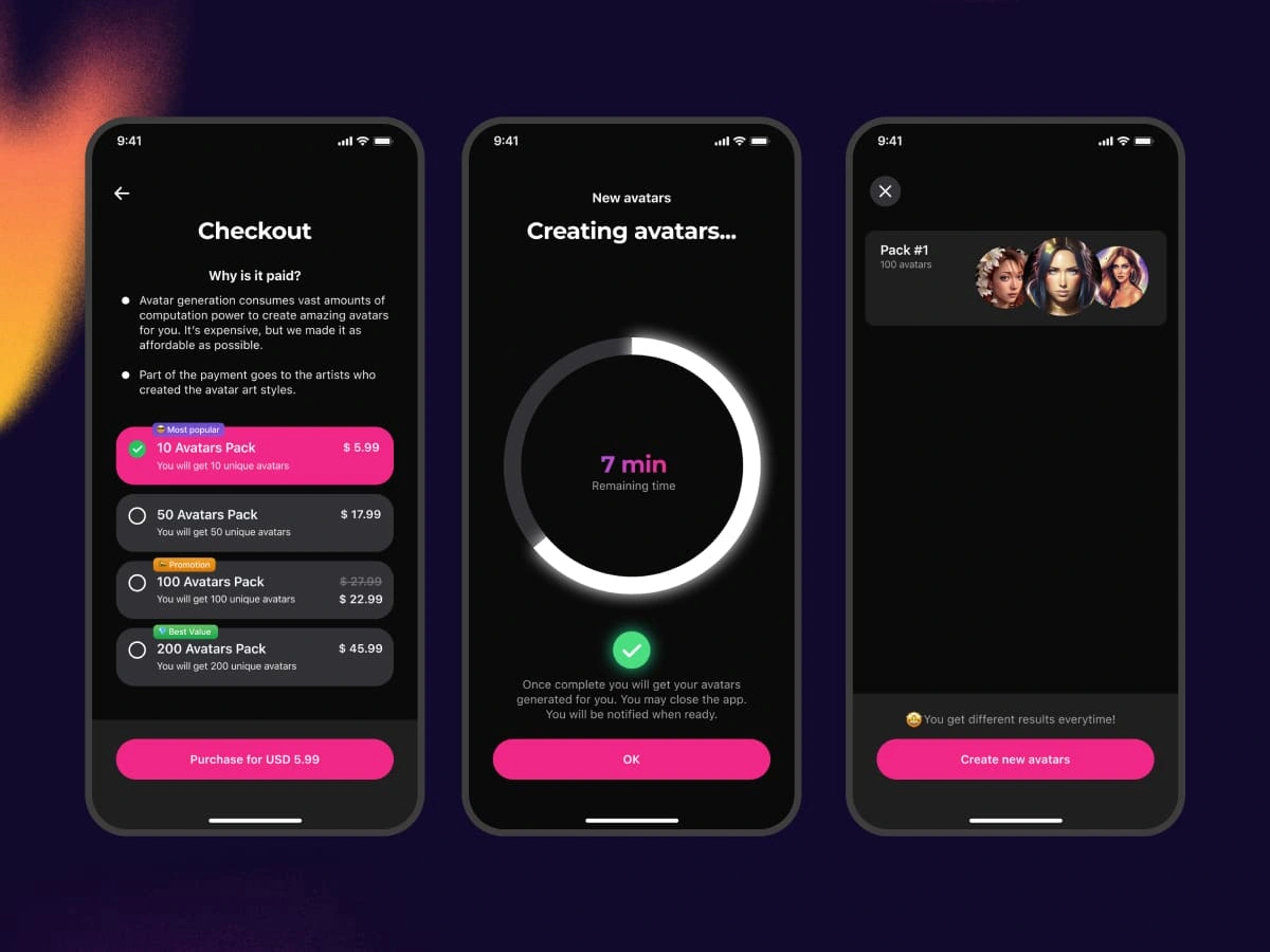Payment screen and avatar creation progress
