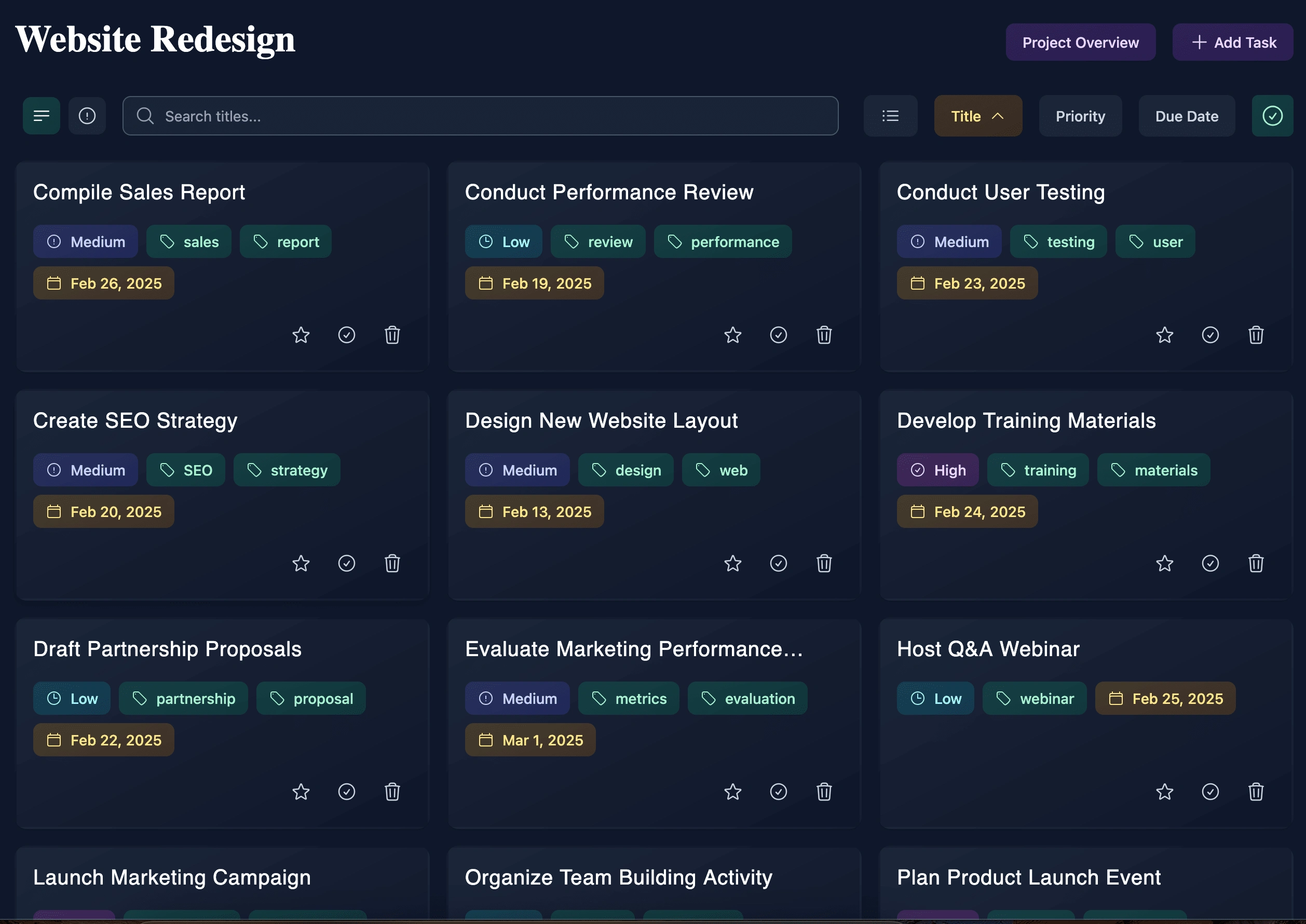 Task list with filters - grid view