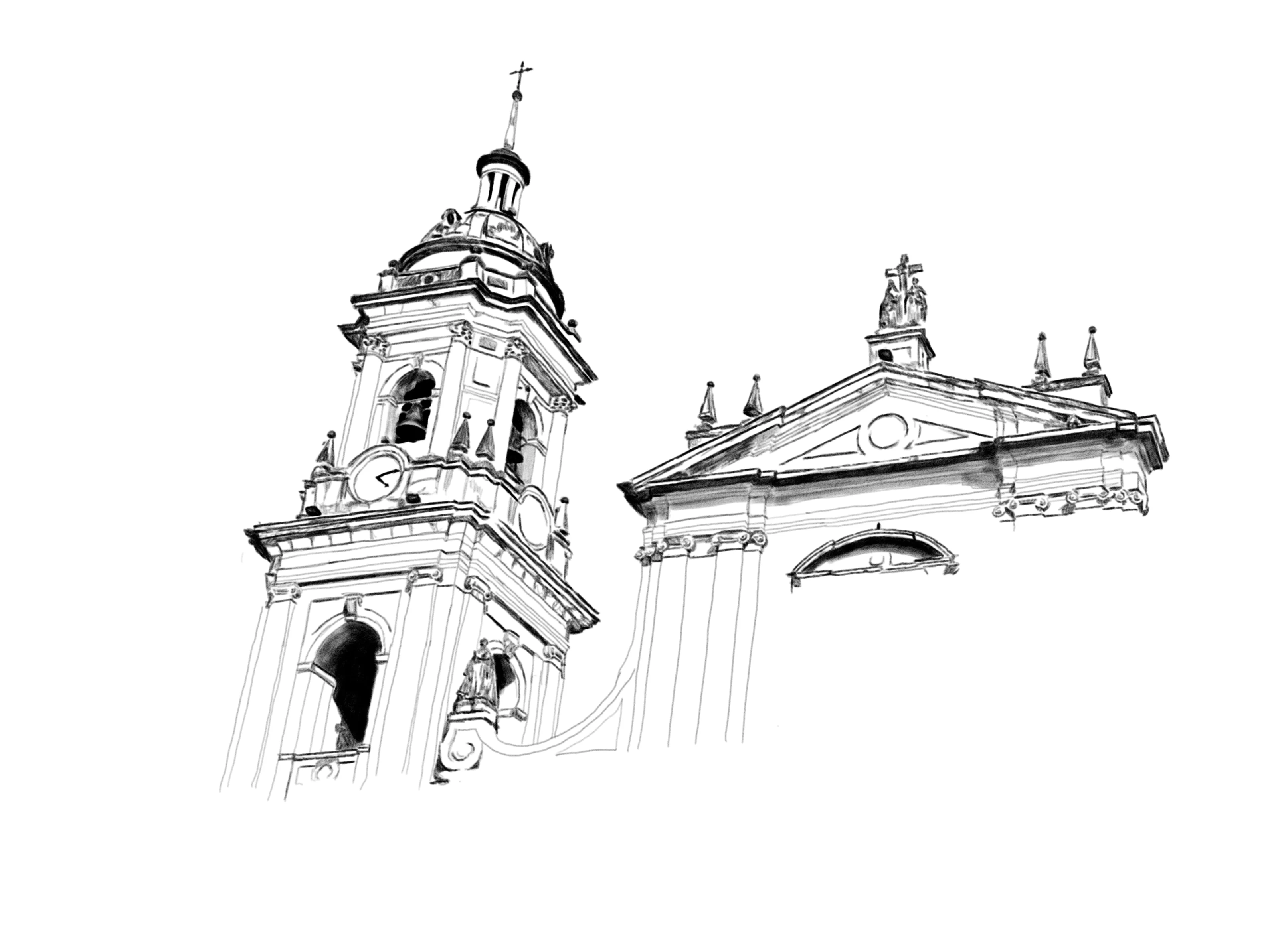 Handrawn illustration of the Metropolitan Cathedral Basilica of Bogotá and Primate of Colombia. Bogotá, 2017