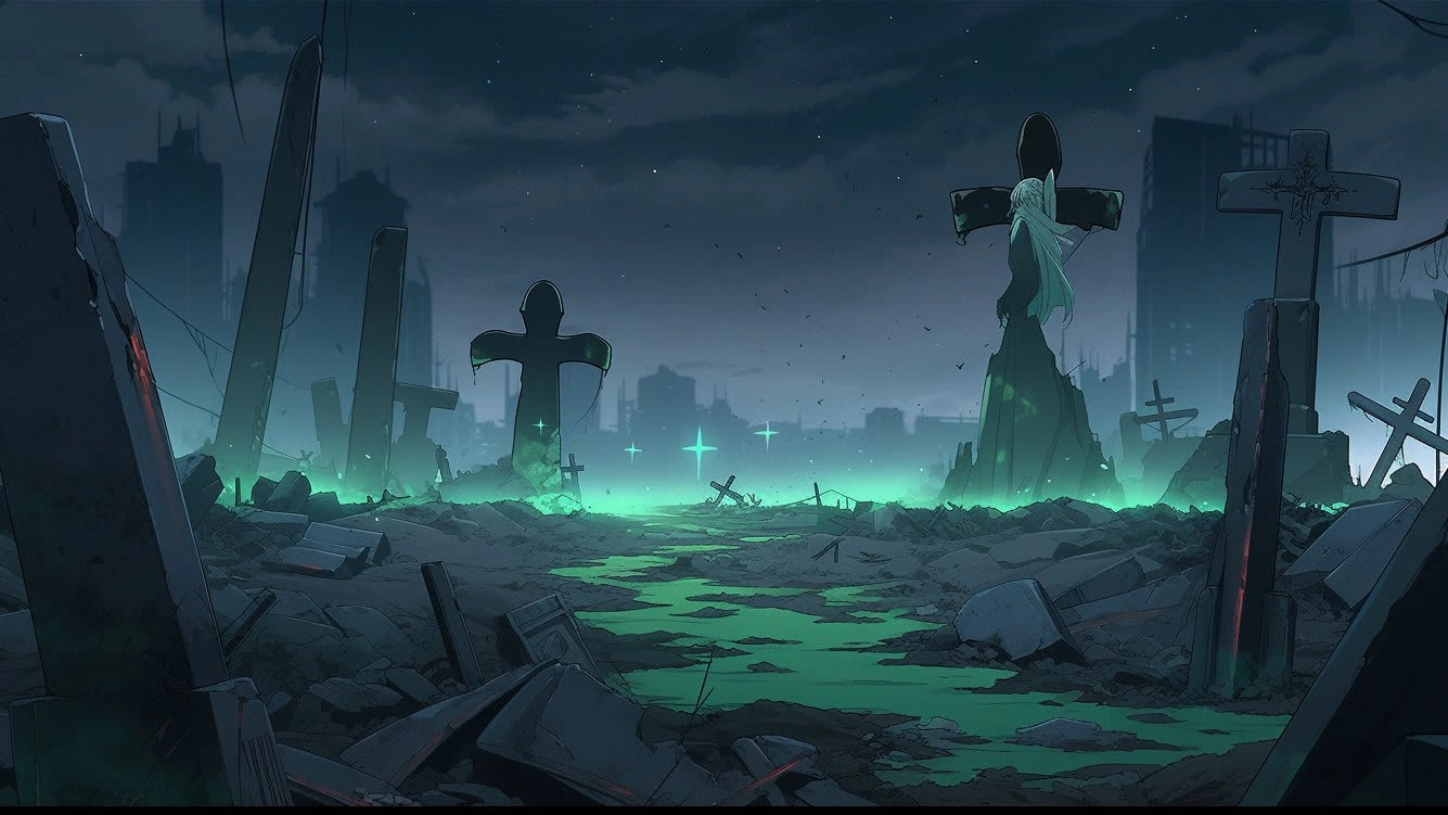 A screenshot of an in-game graveyard scenery