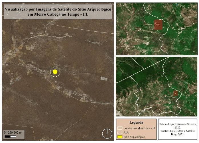 Map showing satellite images of "Morro Cabeça no Tempo" municipality and the area closest to the site found. The region where the site was found appears to be a deforested area and somewhat far from the urban zone of the municipality.