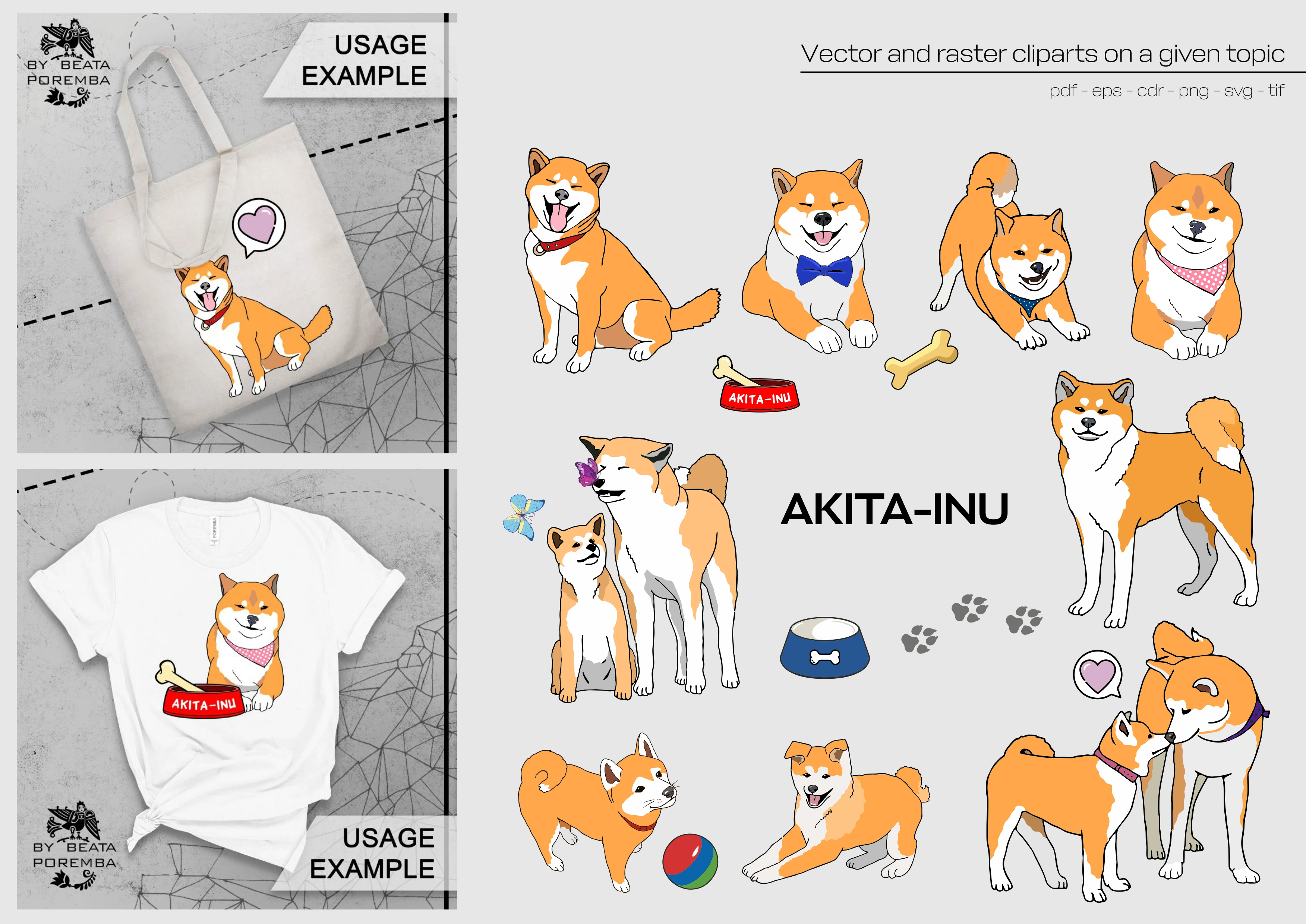 Merch design. Apparel. Dogs. Akita-Inu. Creating illustrations and examples of how to use.