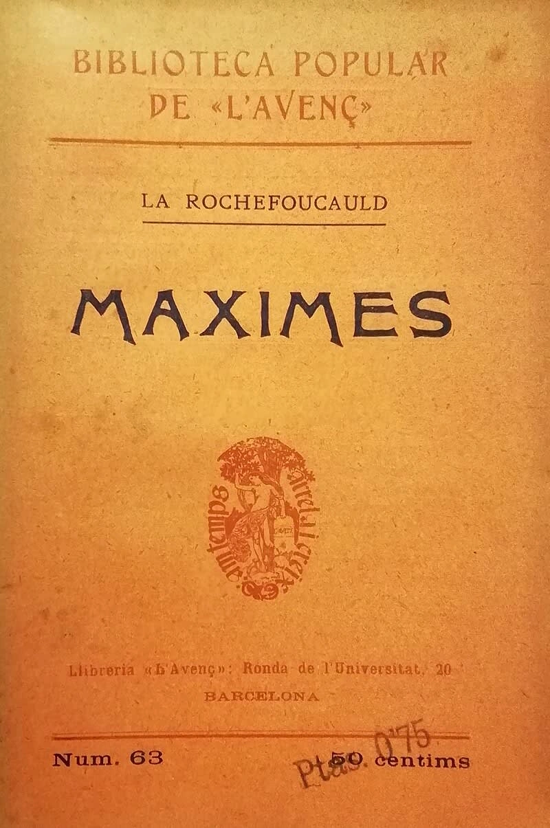 Copy of La Rochefoucauld's Maxims in Catalan, published by J. Roca Cucull via Wikimedia Commons.