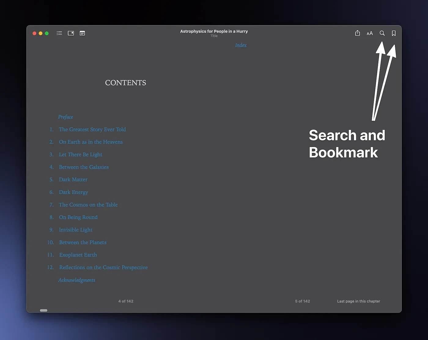 Screenshot of the Books app showing its adjustment options