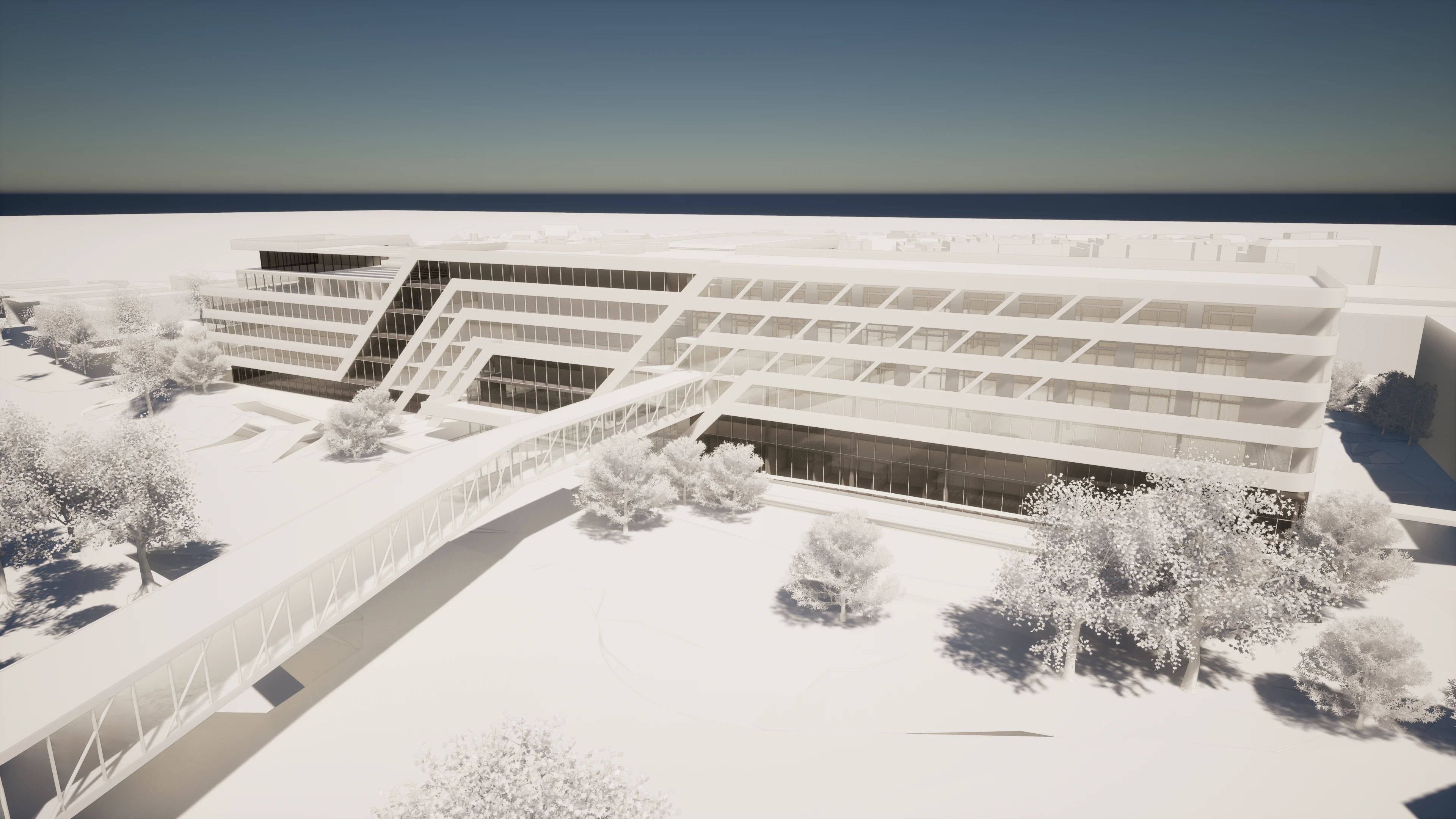 Design proposal of the rehabilitation center linked by a bridge to the existing hospital.