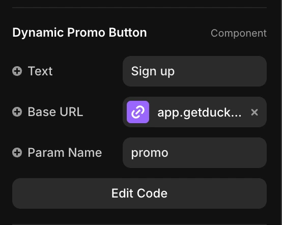 The Framer UI controls for the dynamic promo button component.