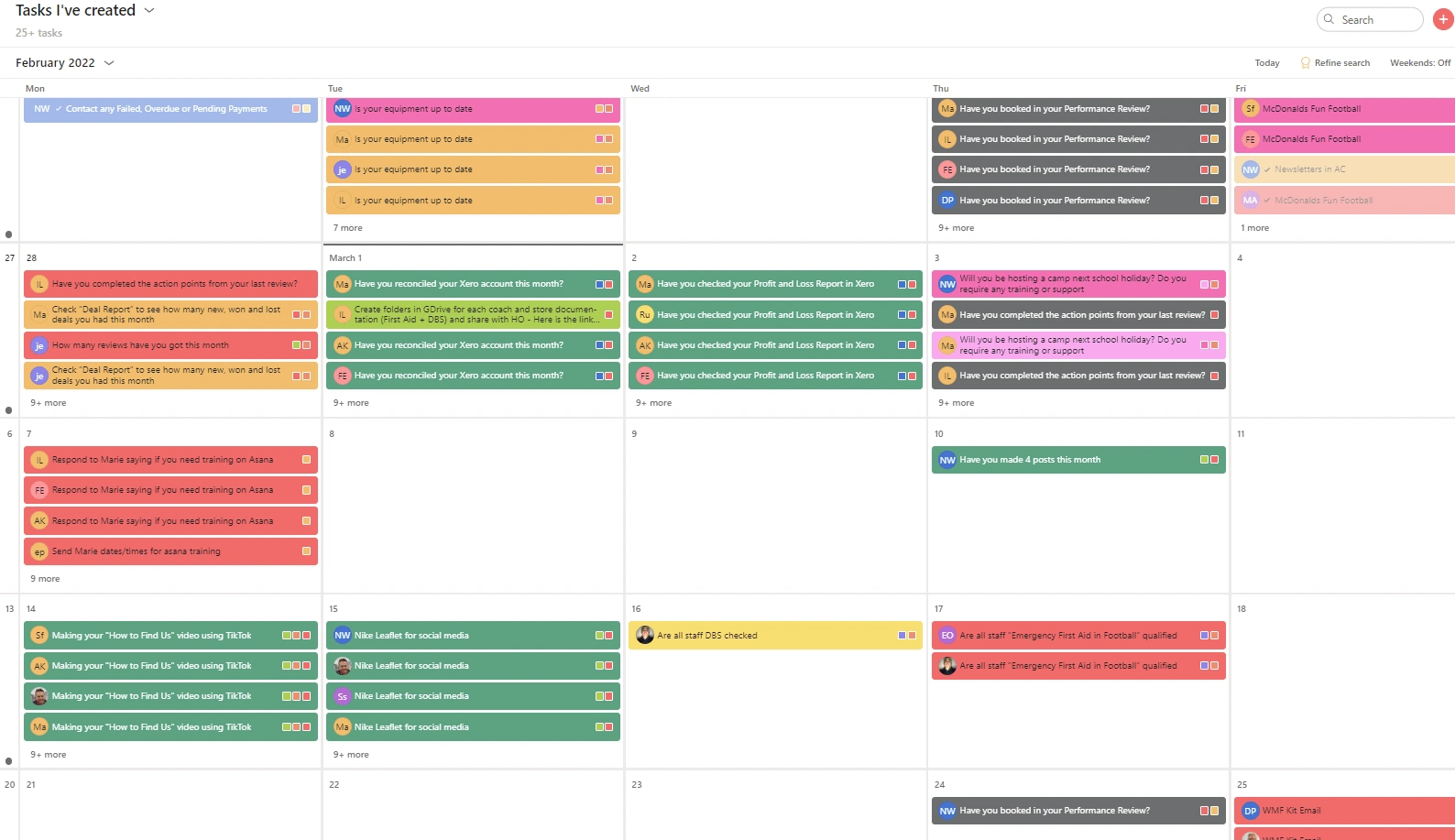 Calender of tasks set up for each Franchise Owner