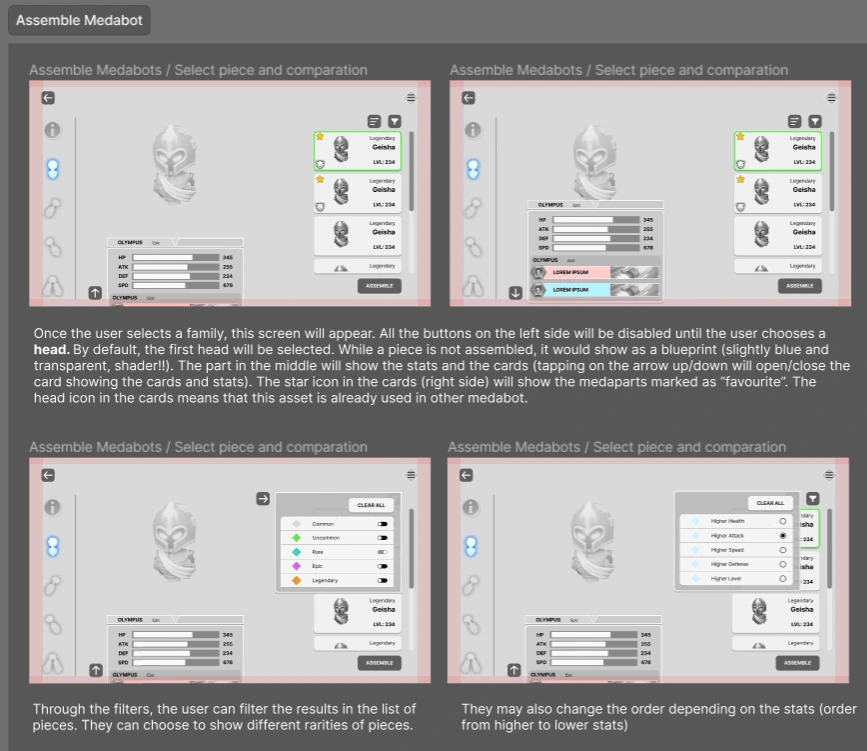 Sample of wireframes made for the renewal of some of the game features