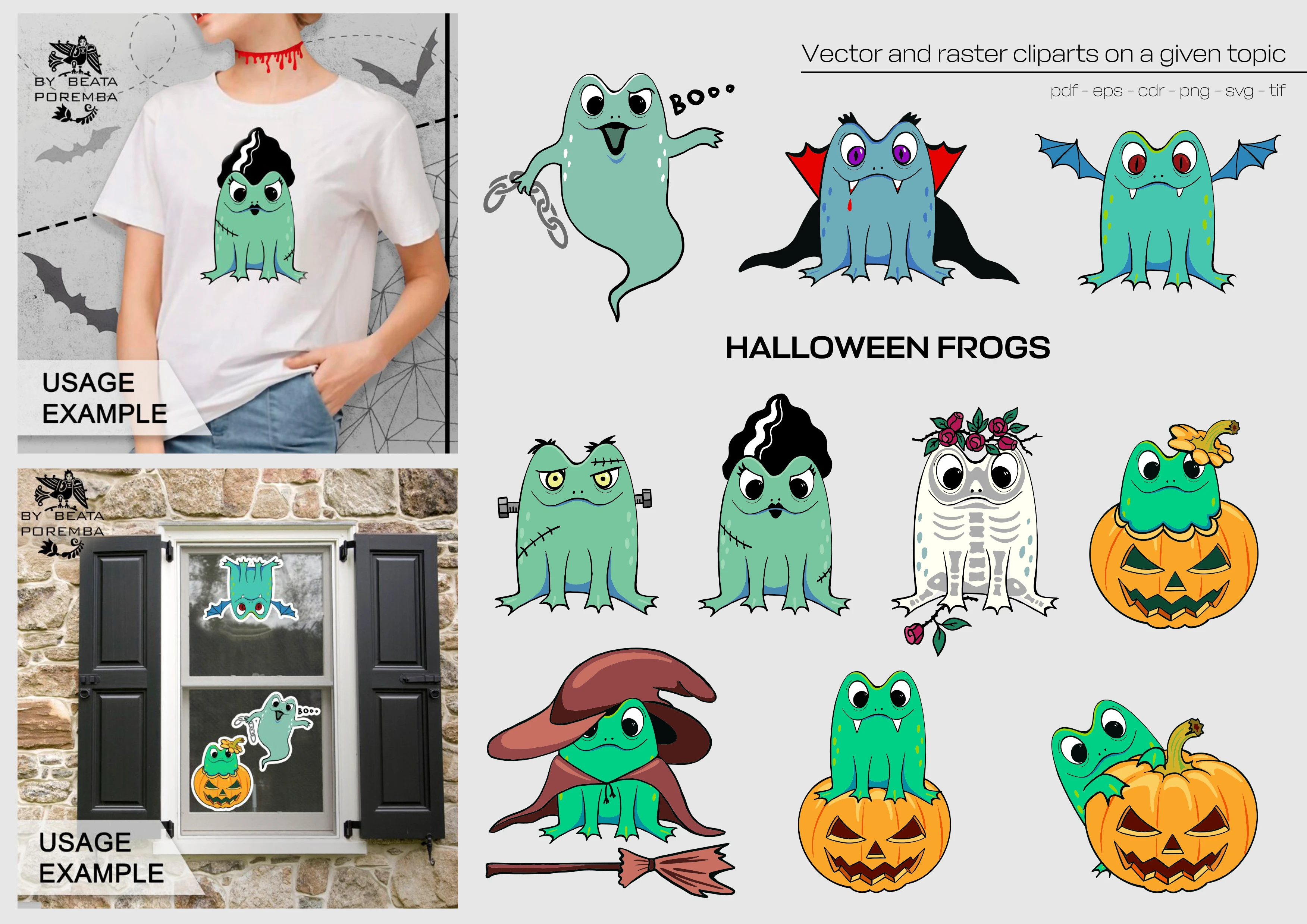 Merch design. Apparel. Halloween frogs. Creating illustrations and examples of how to use.