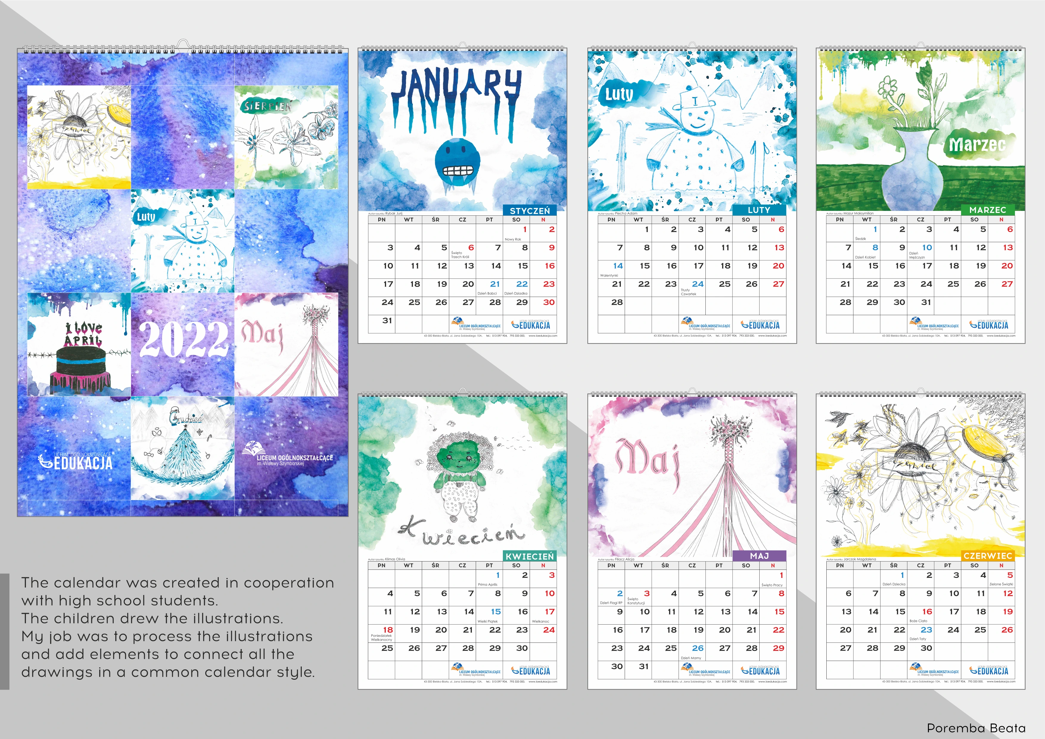 Calendar design. Created in cooperation with high school students. Children illustration.