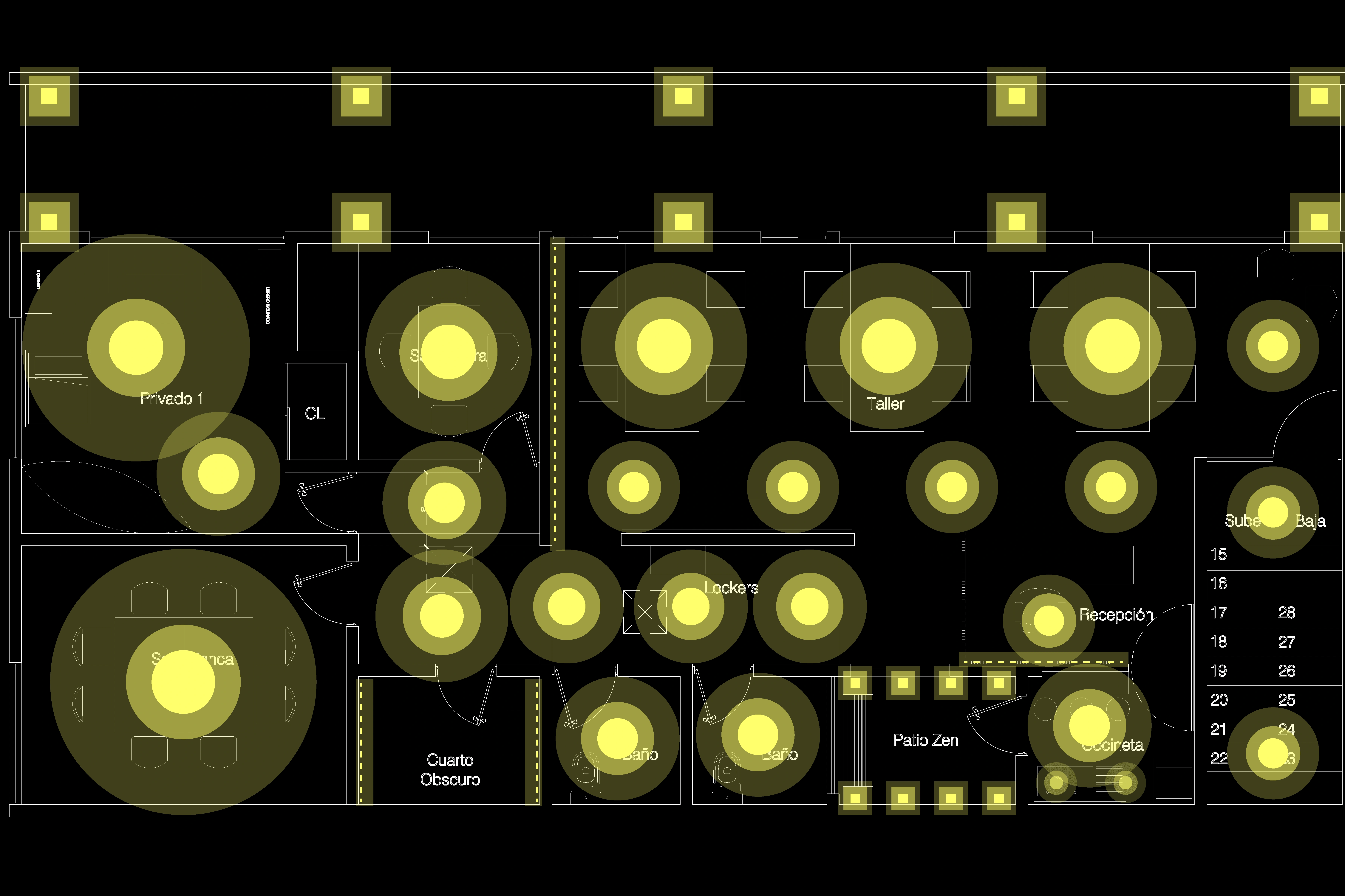 Floor plan of the office showing the different types of lamp proposed