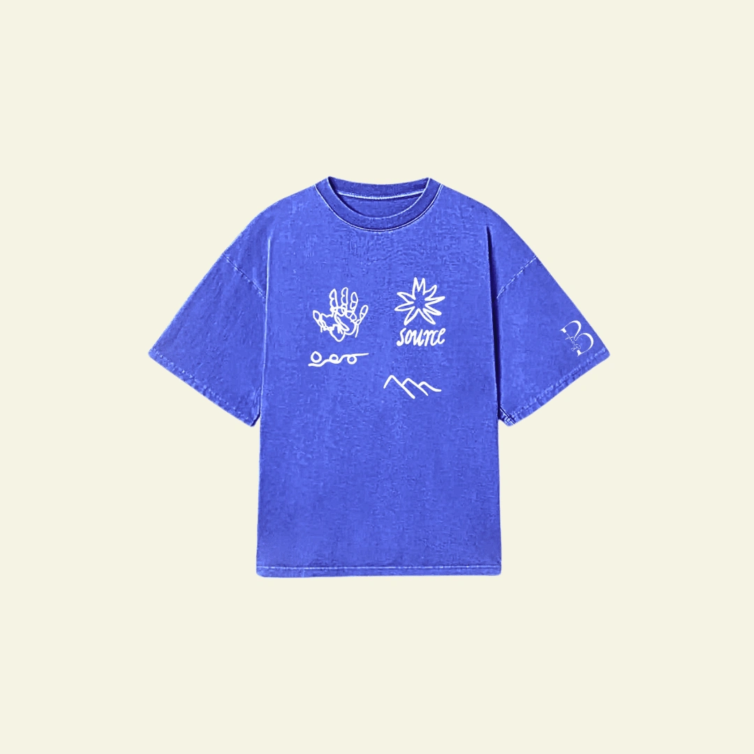 A basic off-blue tee with abstract design elements