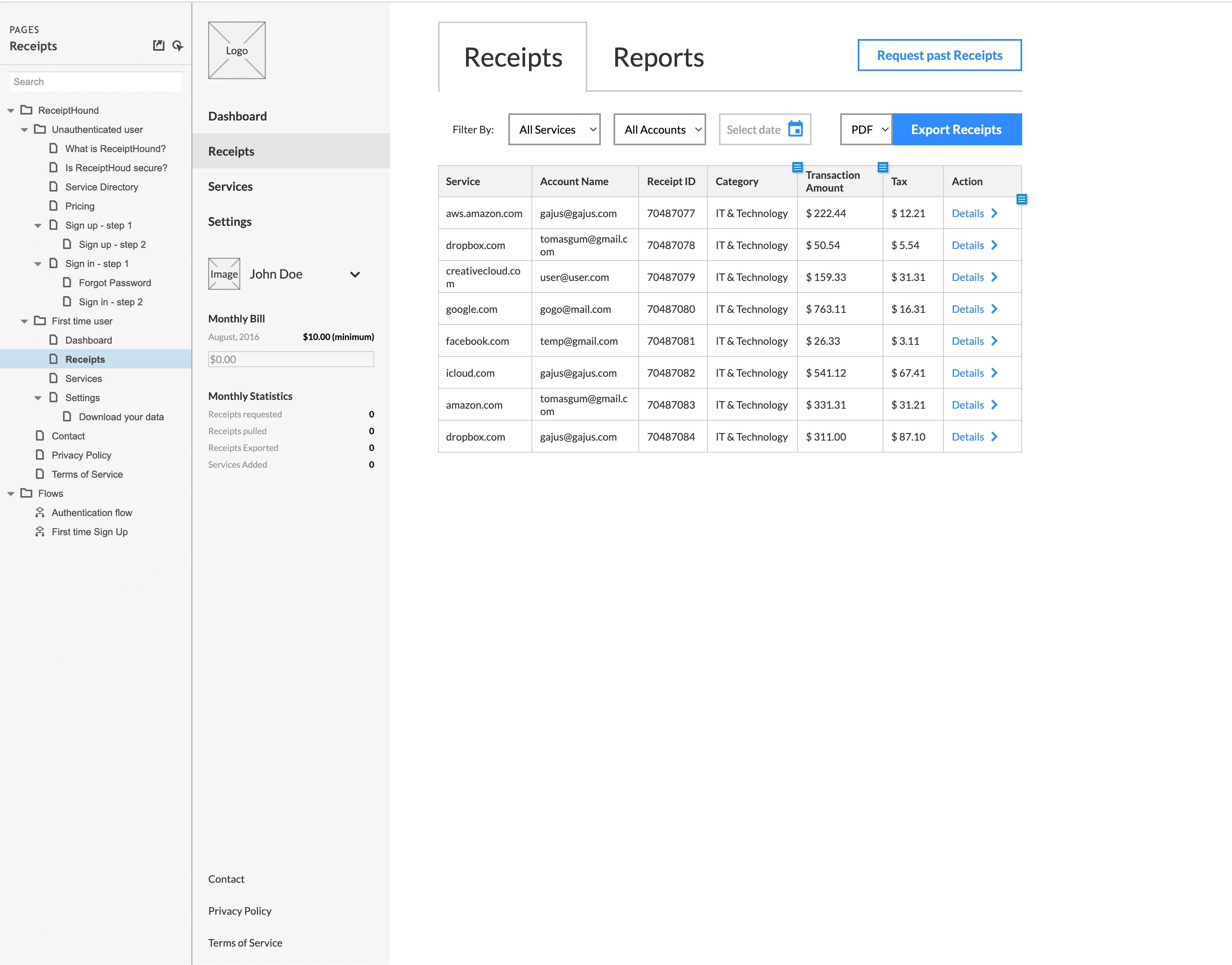 Wireframes for the receipt dashboard